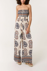 Printed  Shirred Bandeau Jumpsuit