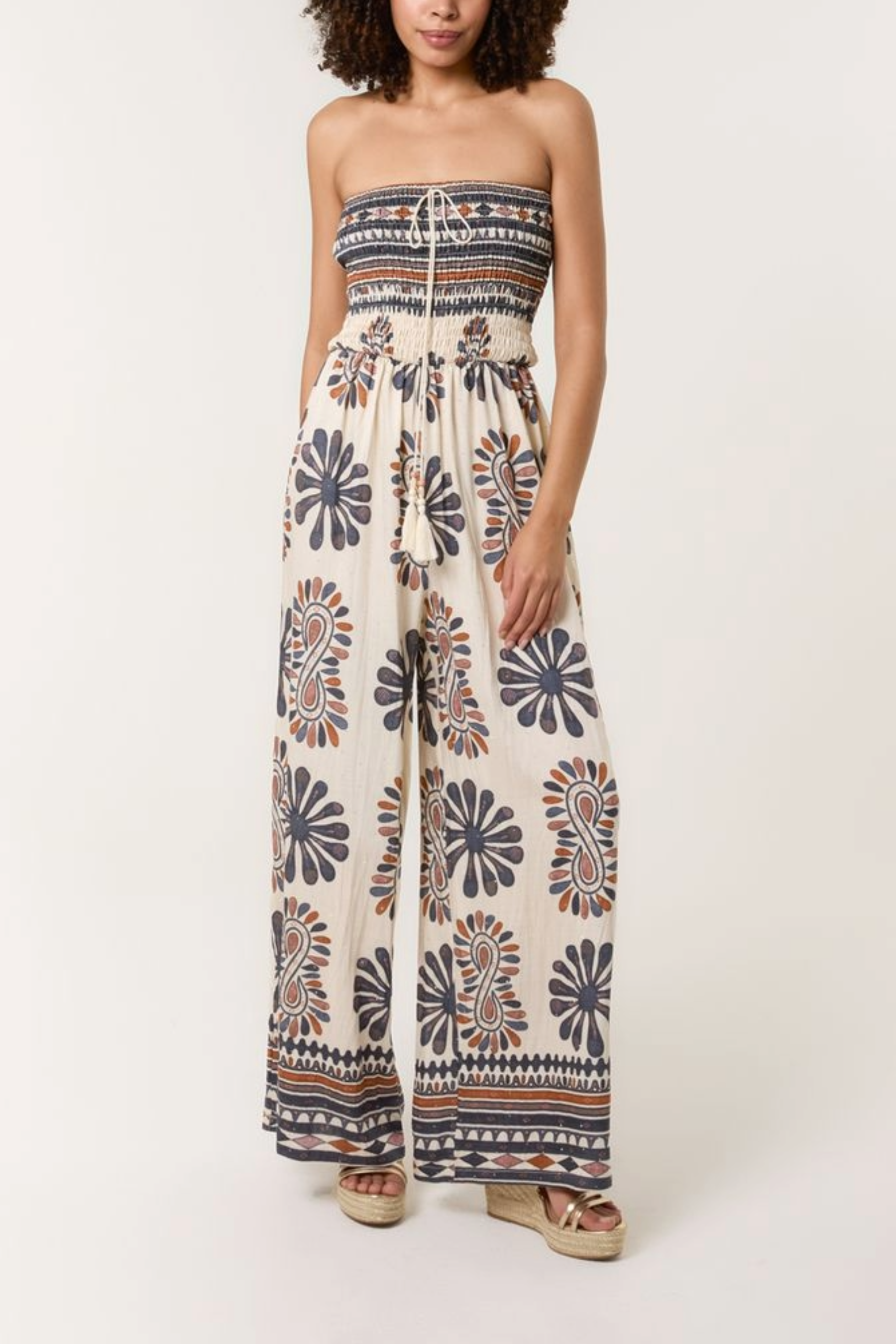 Printed Shirred Bandeau Jumpsuit