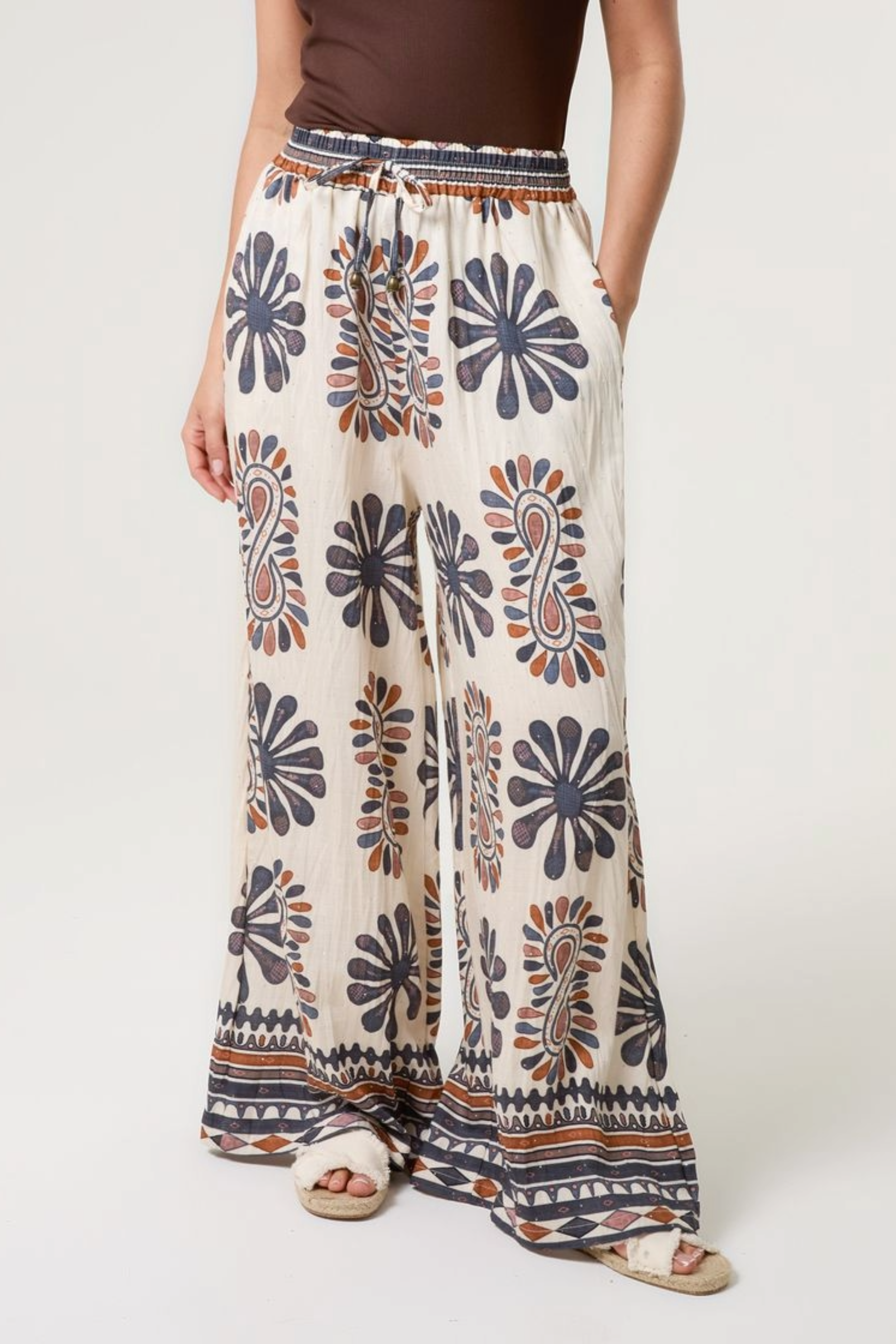 Mixed Print Wide-Leg Trousers