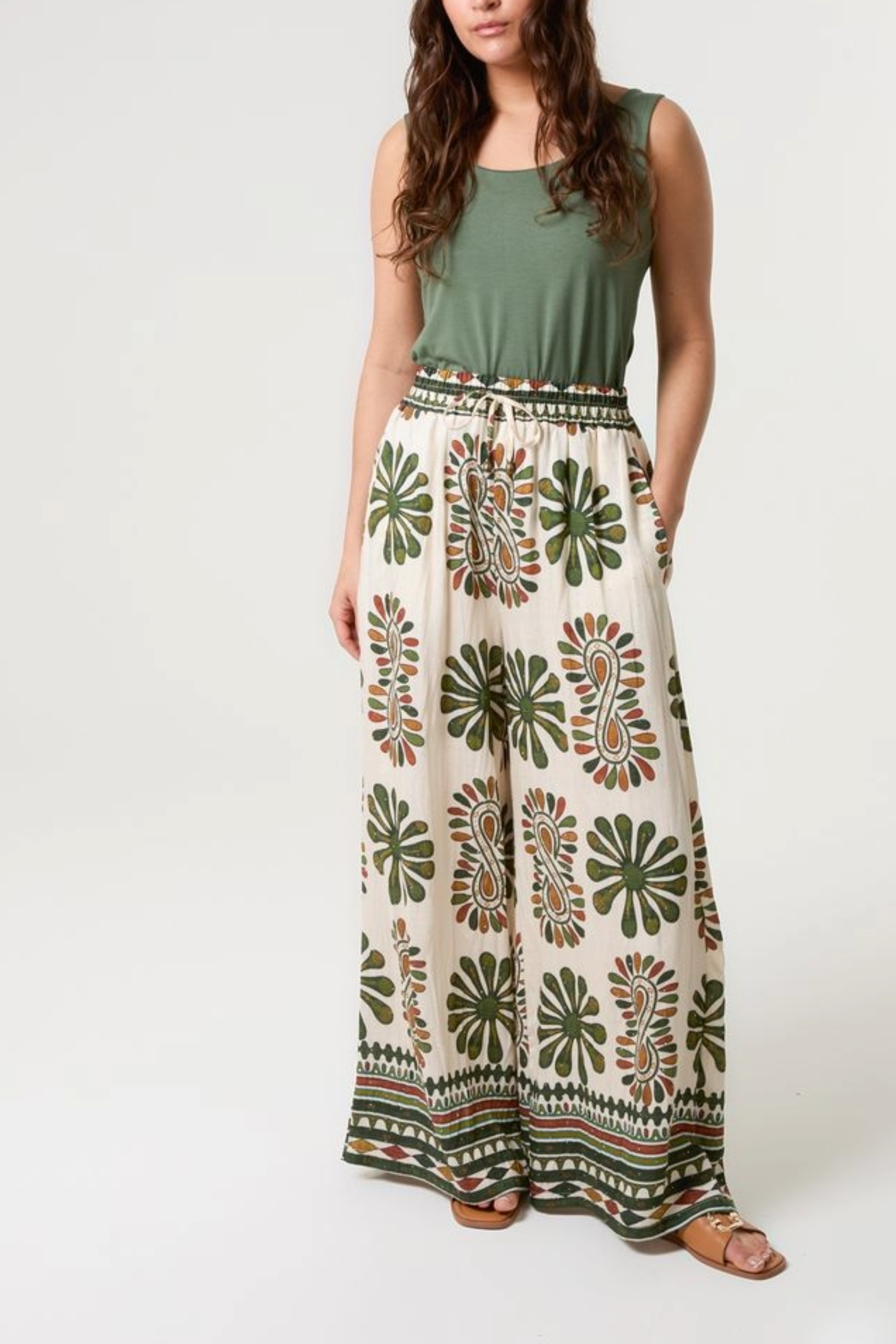 Mixed Print Wide-Leg Trousers