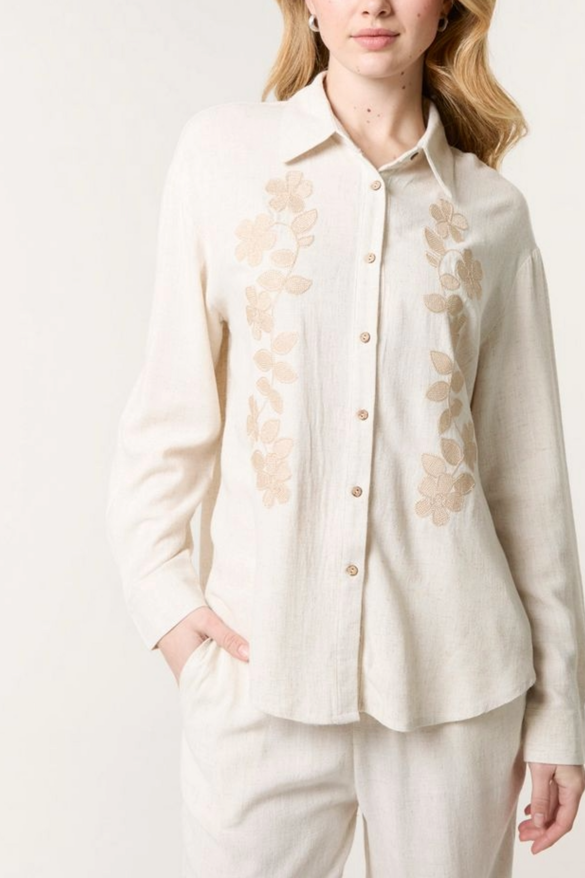 Linen Flower Embroidered Shirt