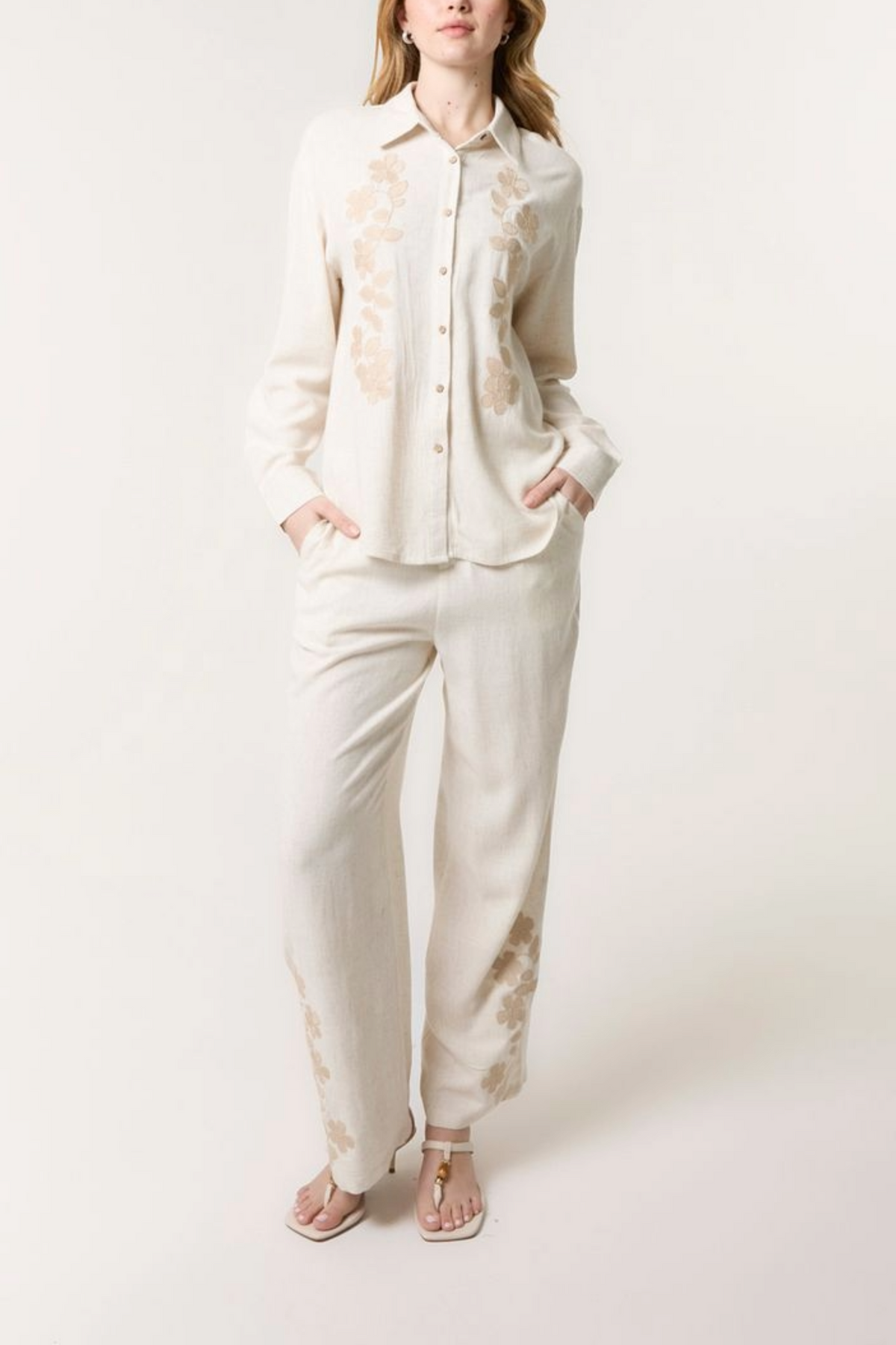 Linen Flower Embroidered Shirt