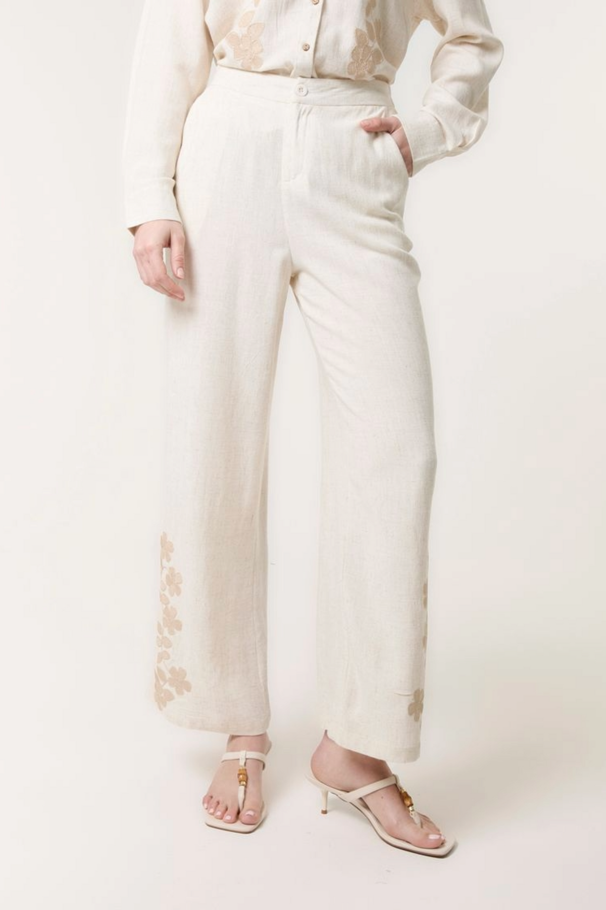 Linen Flower Embroidered Trousers