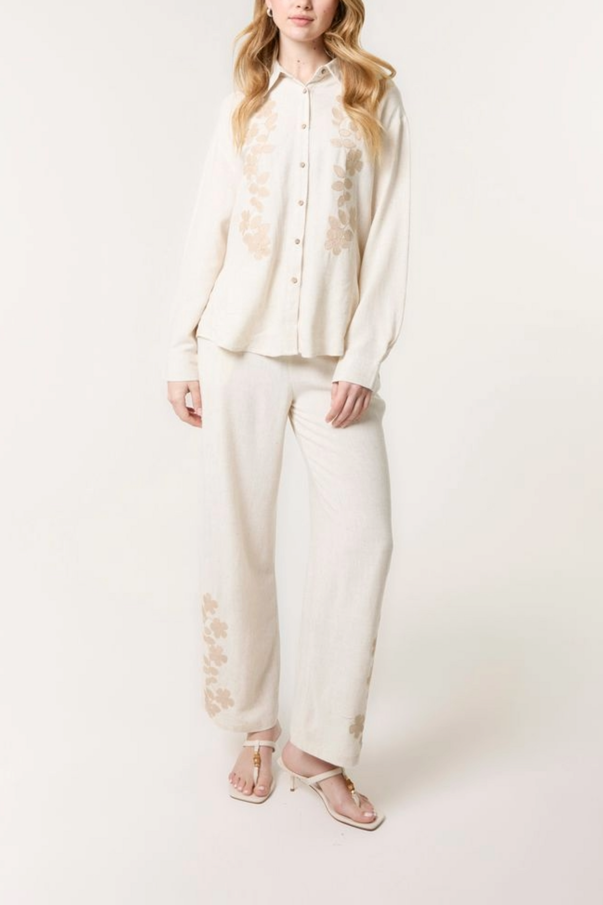 Linen Flower Embroidered Trousers