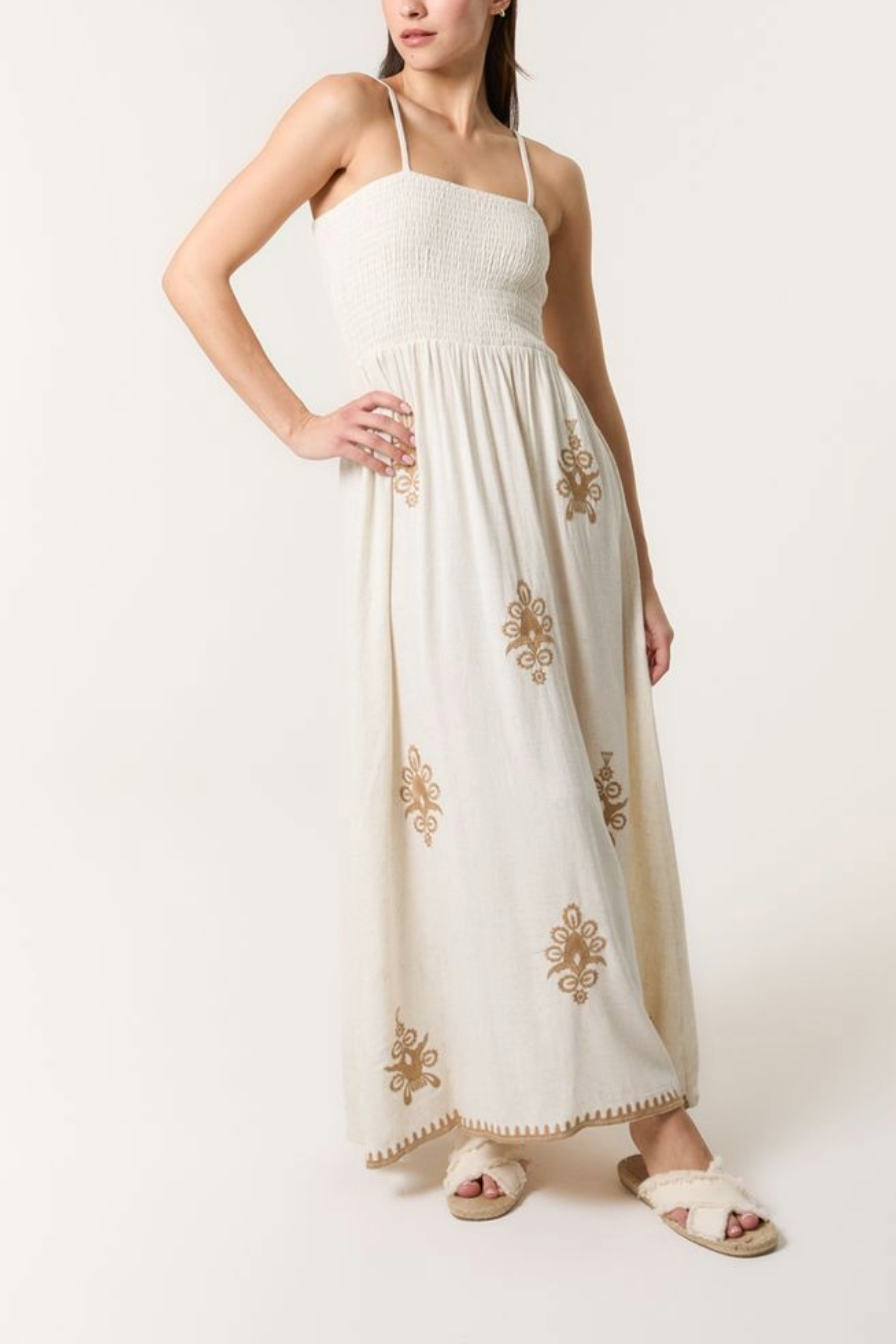 Shirred Bodice Embroidered Maxi Dress