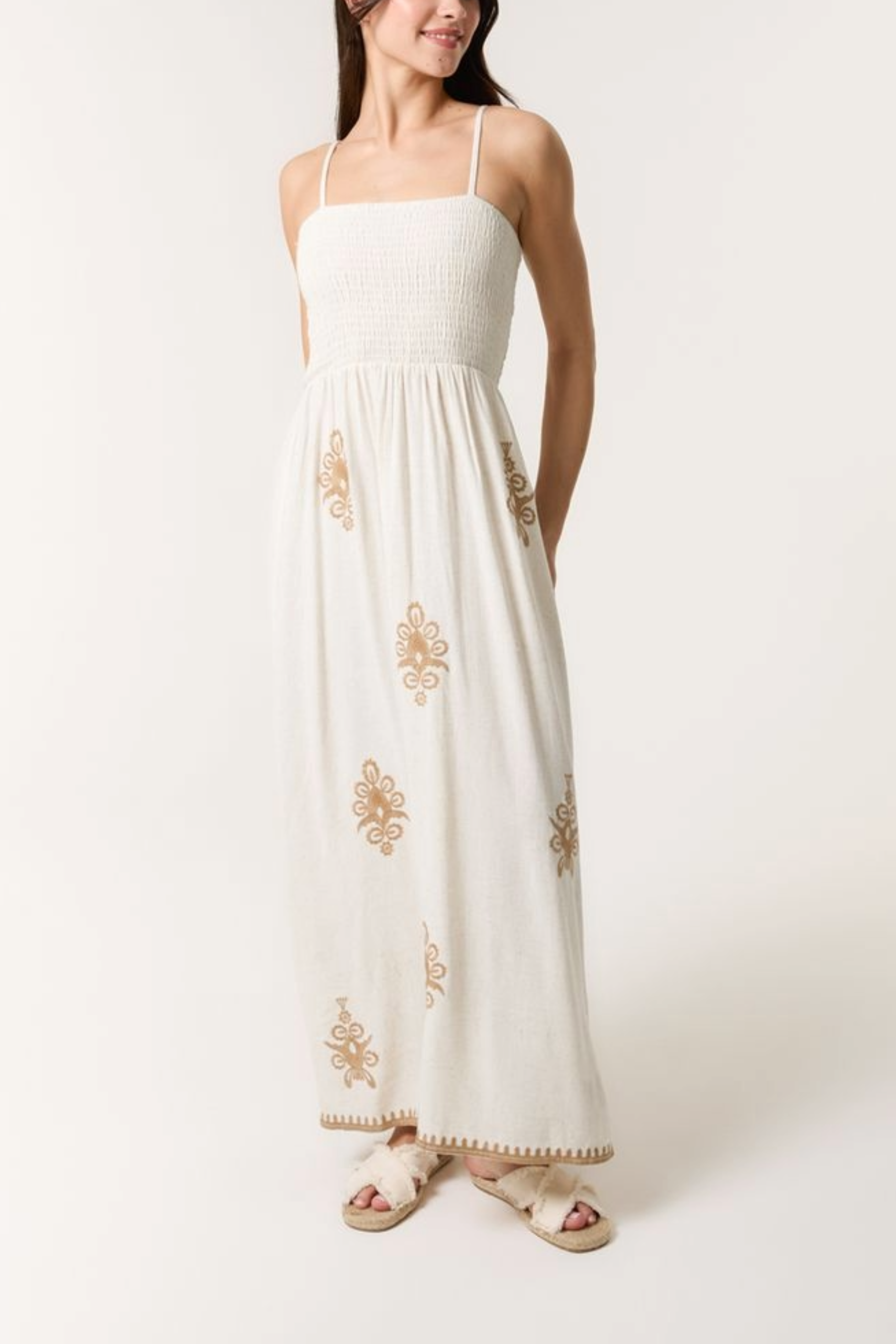 Shirred Bodice Embroidered Maxi Dress