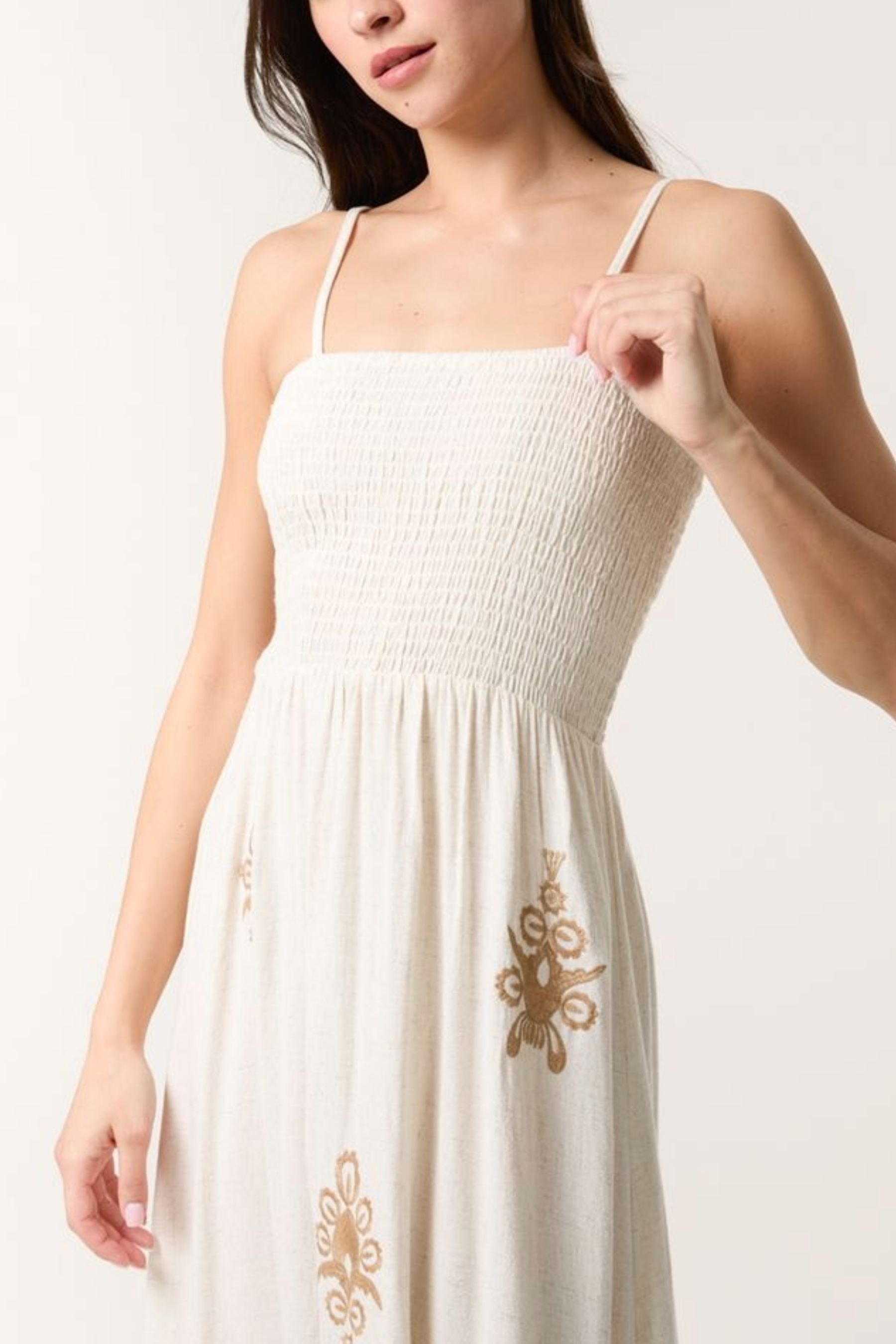 Shirred Bodice Embroidered Maxi Dress