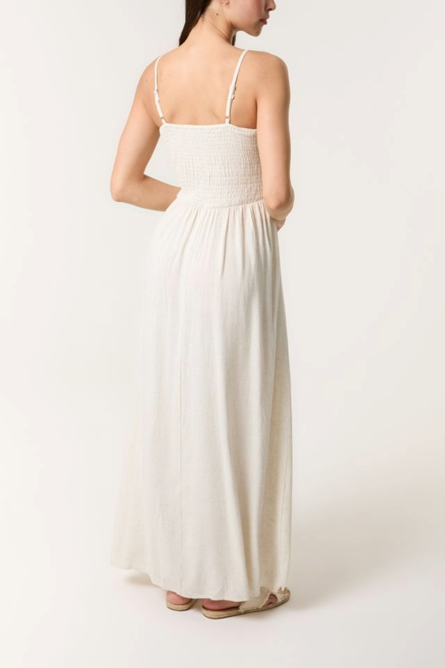 Shirred Bodice Embroidered Maxi Dress