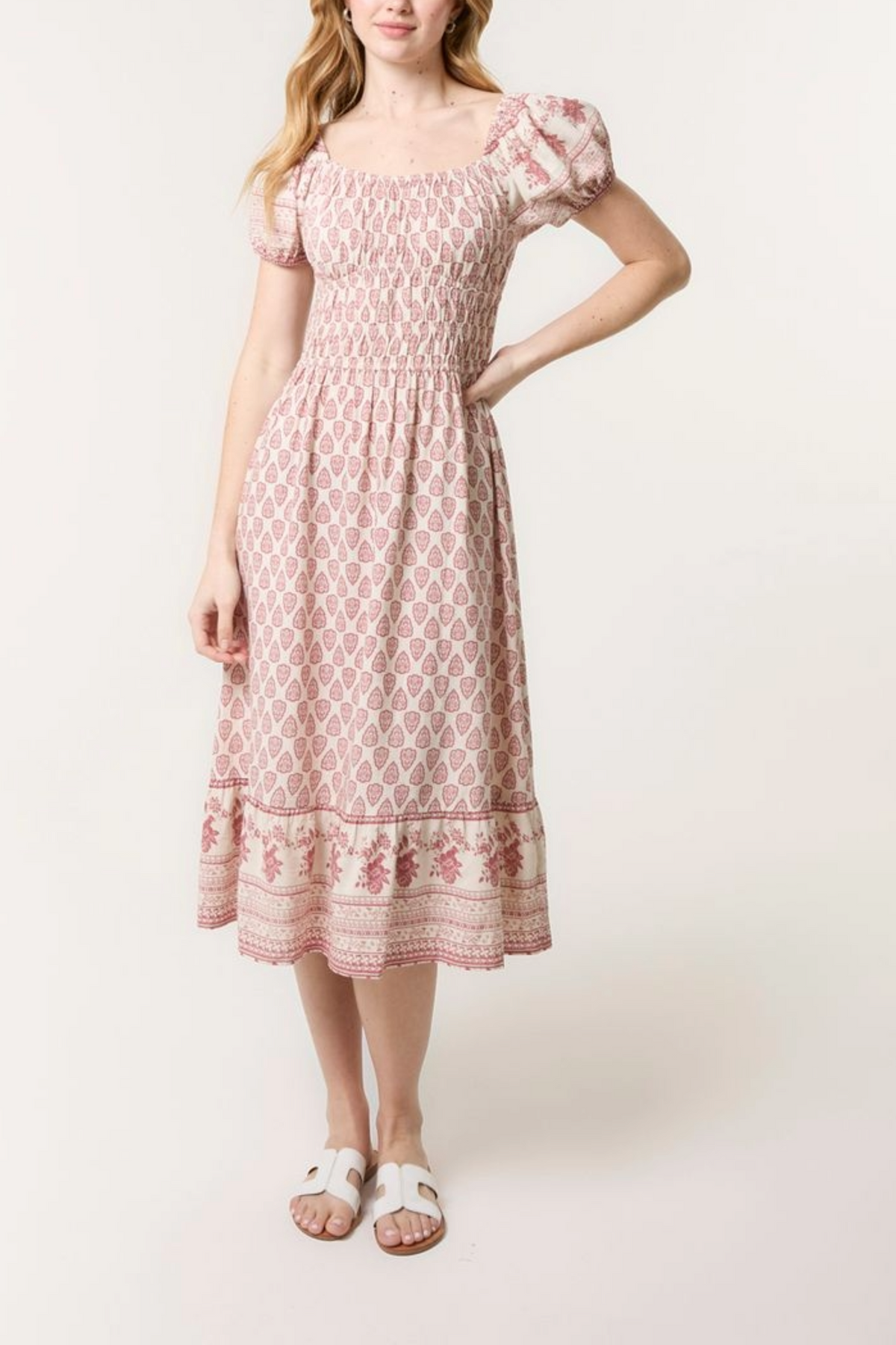 Border Print Corset Puff Midi Dress