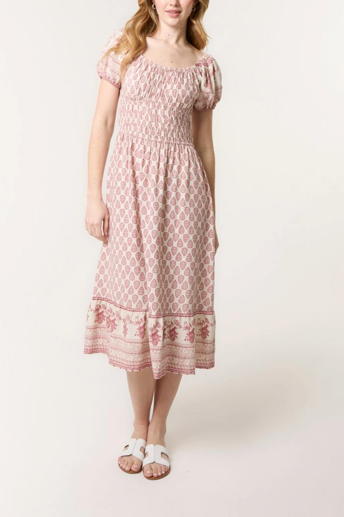 Border Print Corset Puff Midi Dress