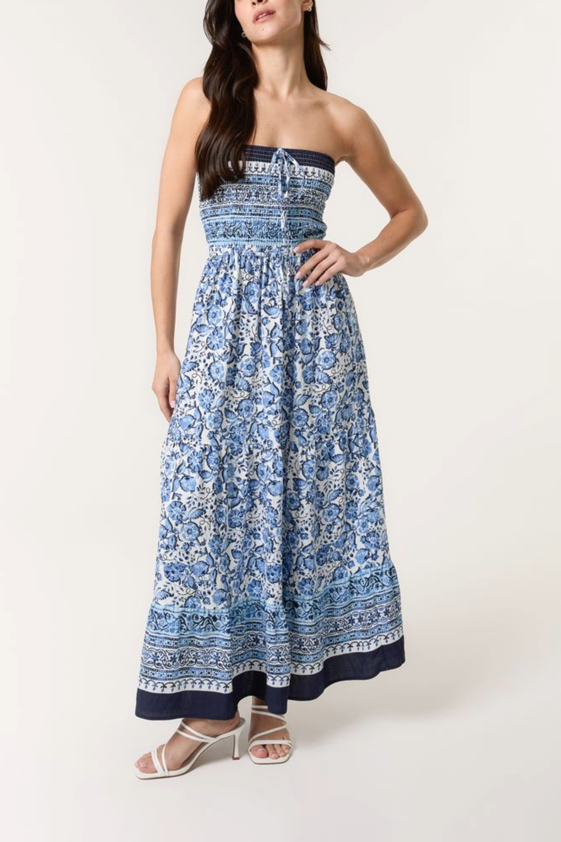Floral Print Shirred Bust Bandeau Dress