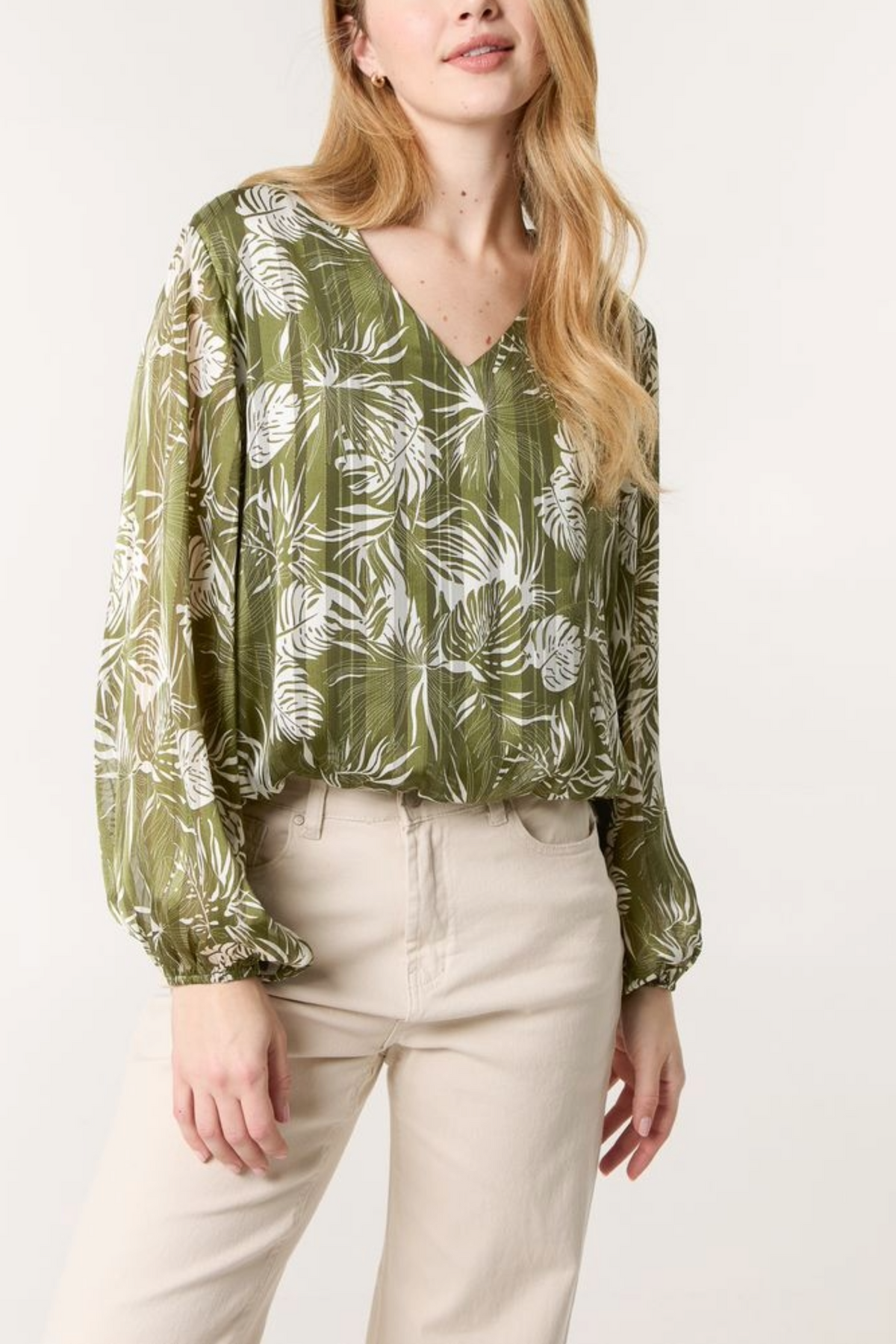 Palm Leaf Print V-Neck Puffball Blouse