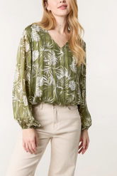 Palm Leaf Print V-Neck Puffball Blouse