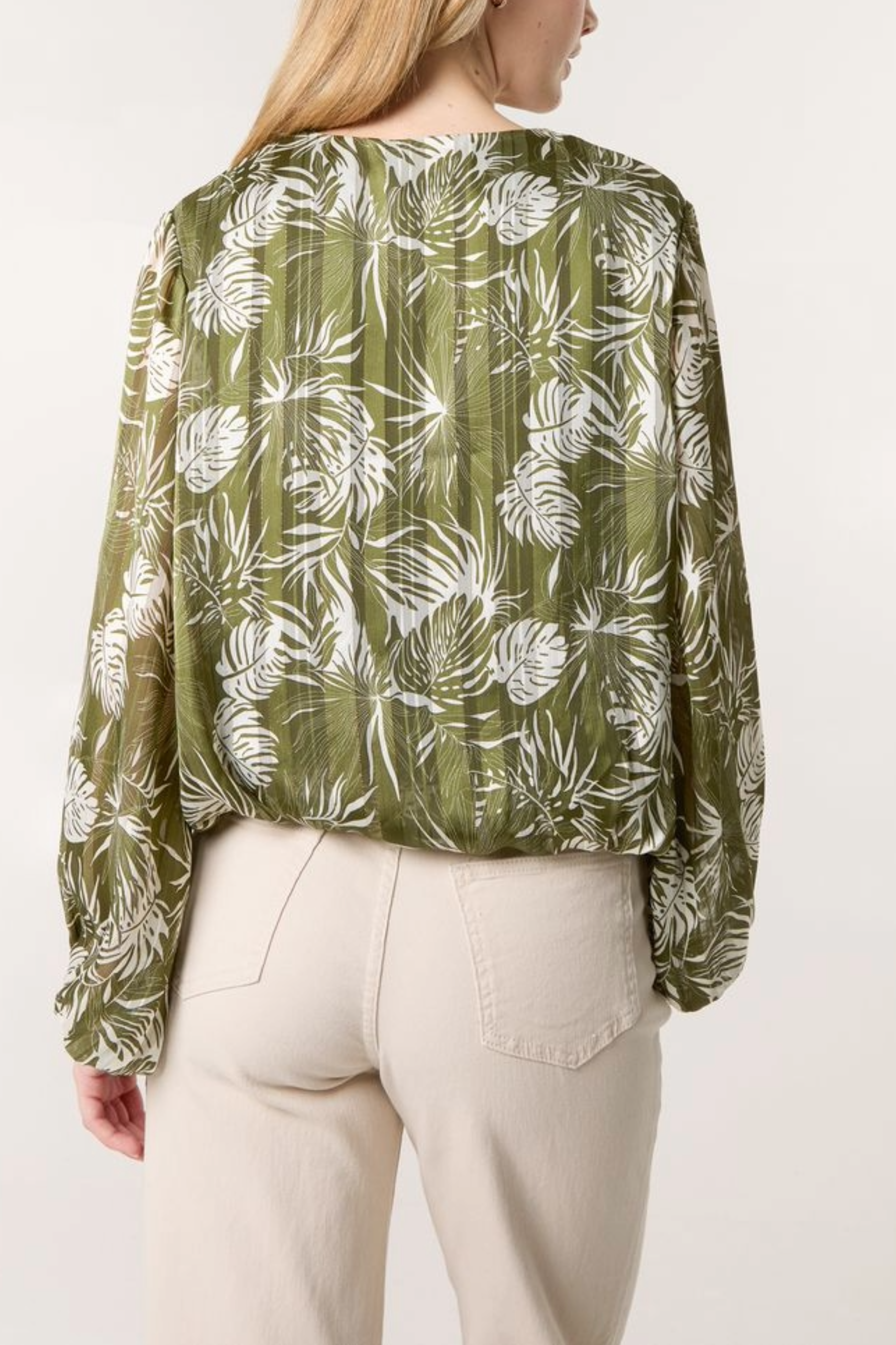 Palm Leaf Print V-Neck Puffball Blouse