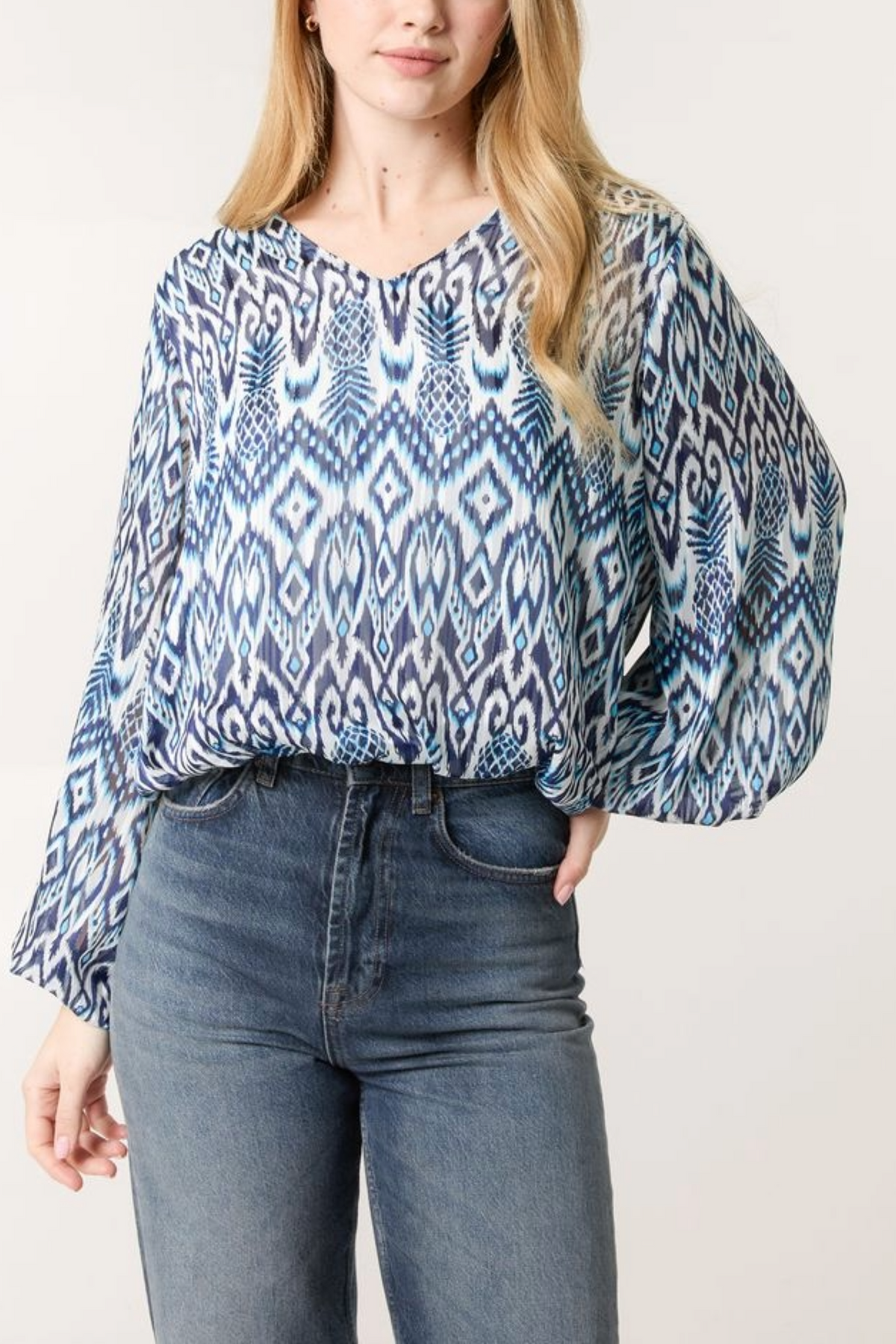 Aztec Print V-Neck Puffball Blouse