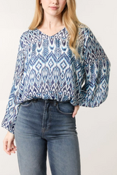 Aztec Print V-Neck Puffball Blouse