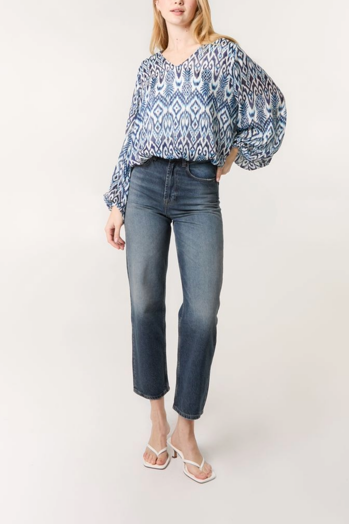 Aztec Print V-Neck Puffball Blouse