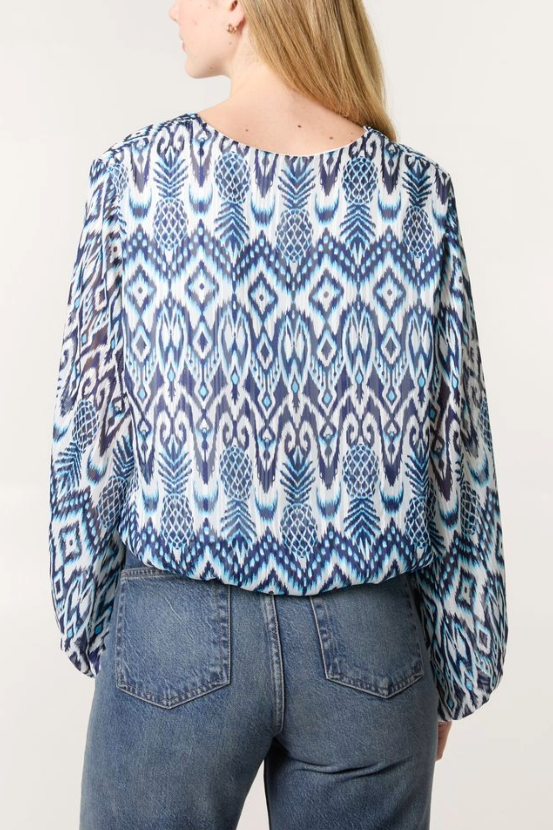 Aztec Print V-Neck Puffball Blouse
