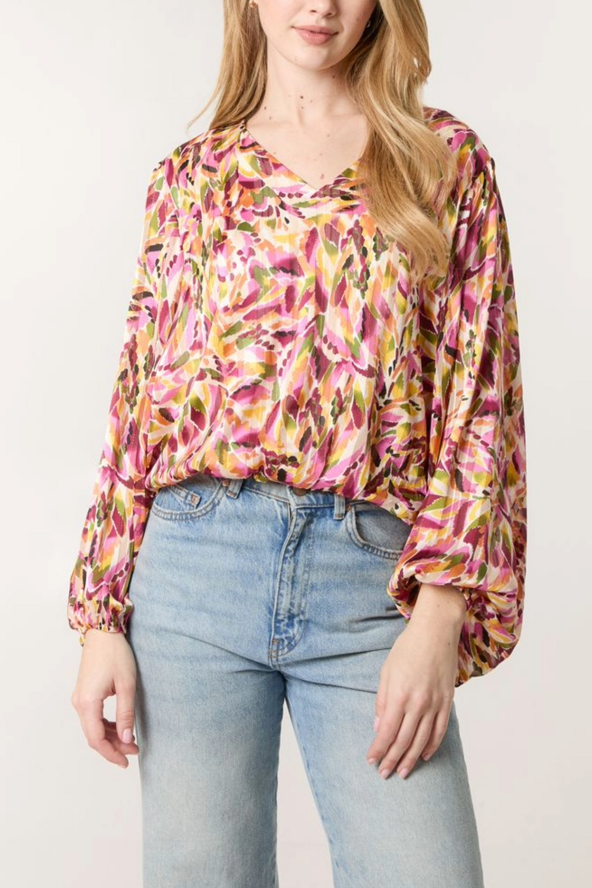Abstract Print V-Neck Puffball Blouse