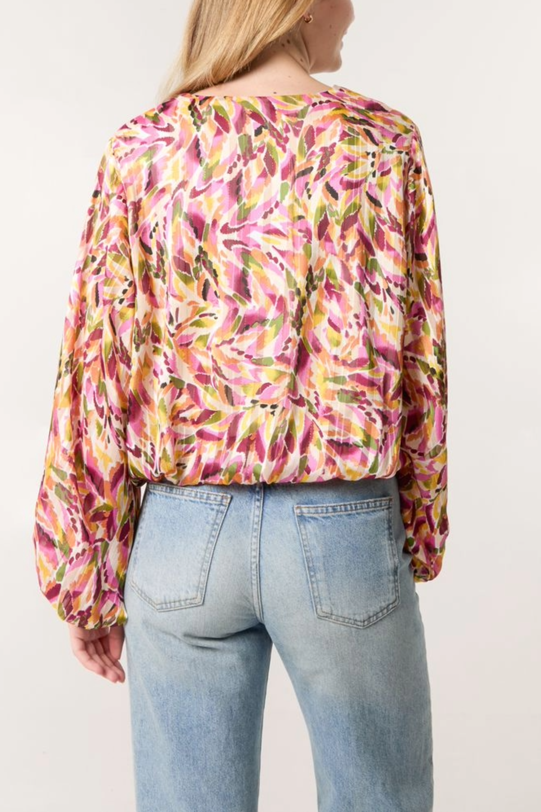 Abstract Print V-Neck Puffball Blouse