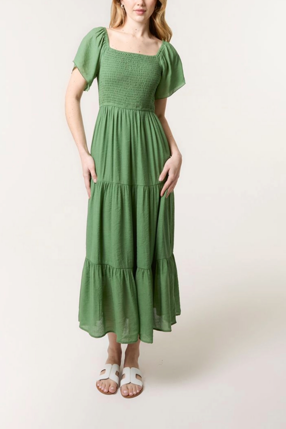 Flutter Sleeve Shirred & Tiered Dress