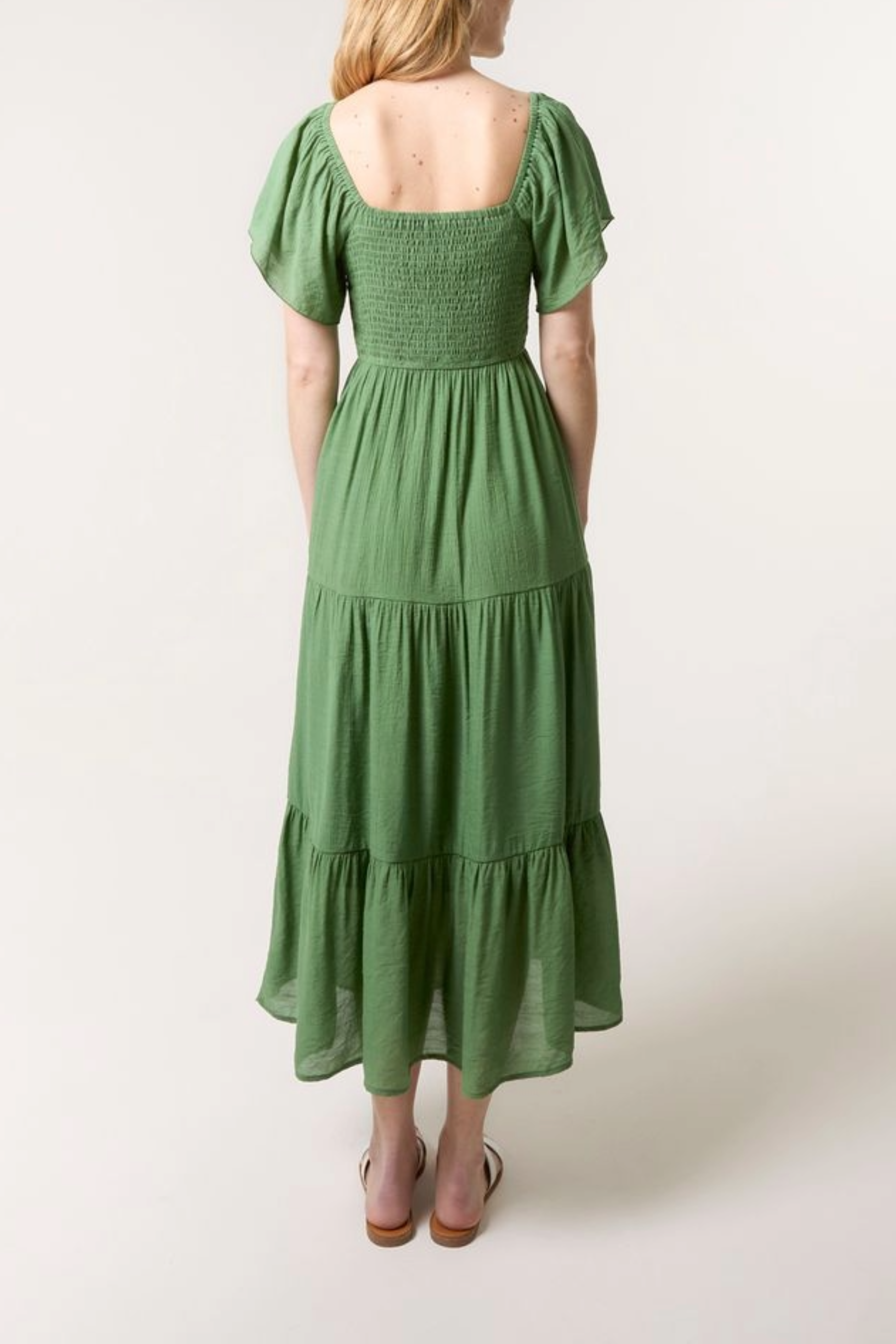 Flutter Sleeve Shirred & Tiered Dress