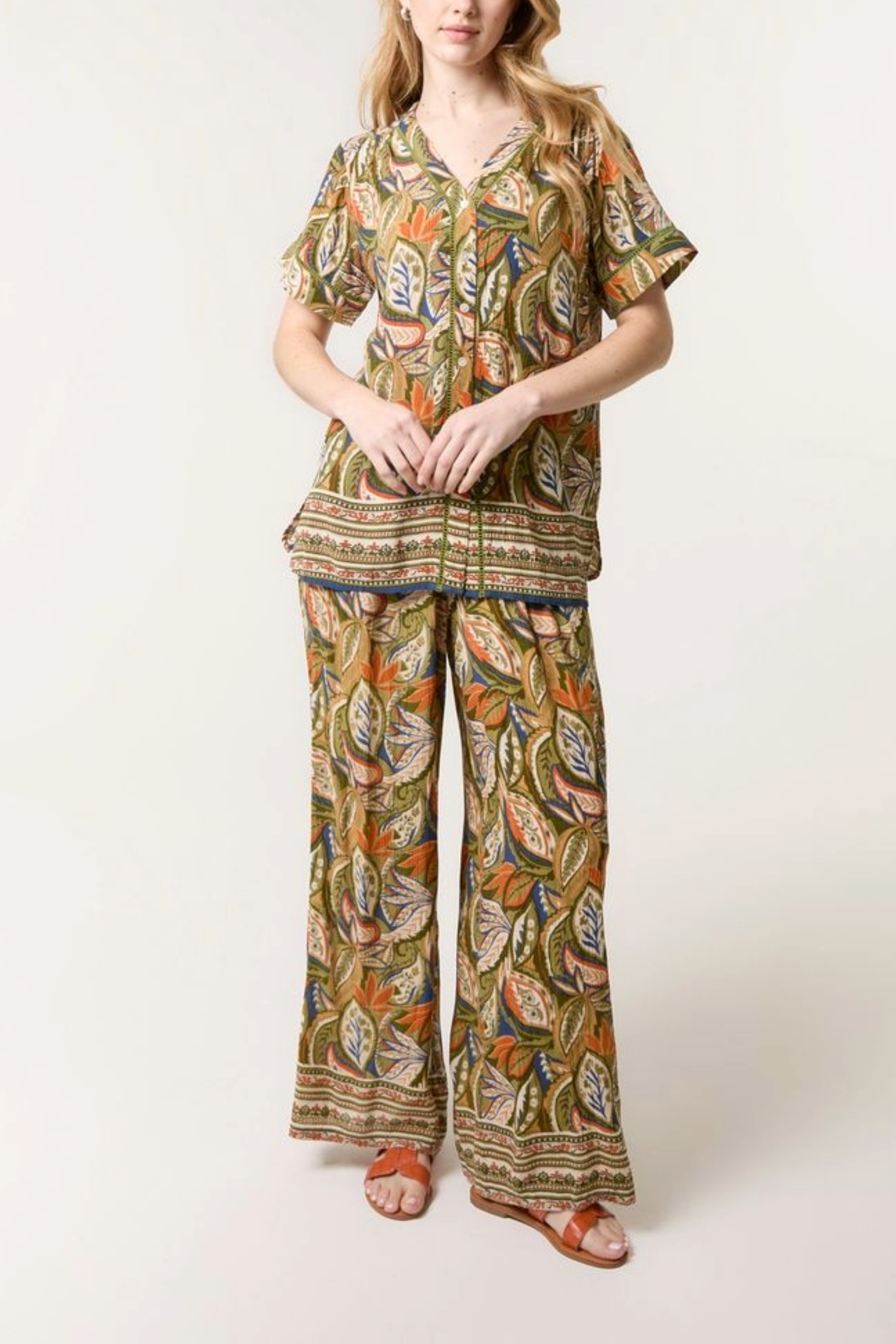 Leaf Border Print Button-Up Shirt