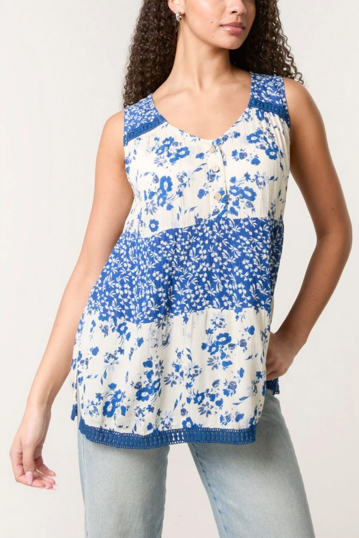 Mixed Ditsy Floral Print Button Top