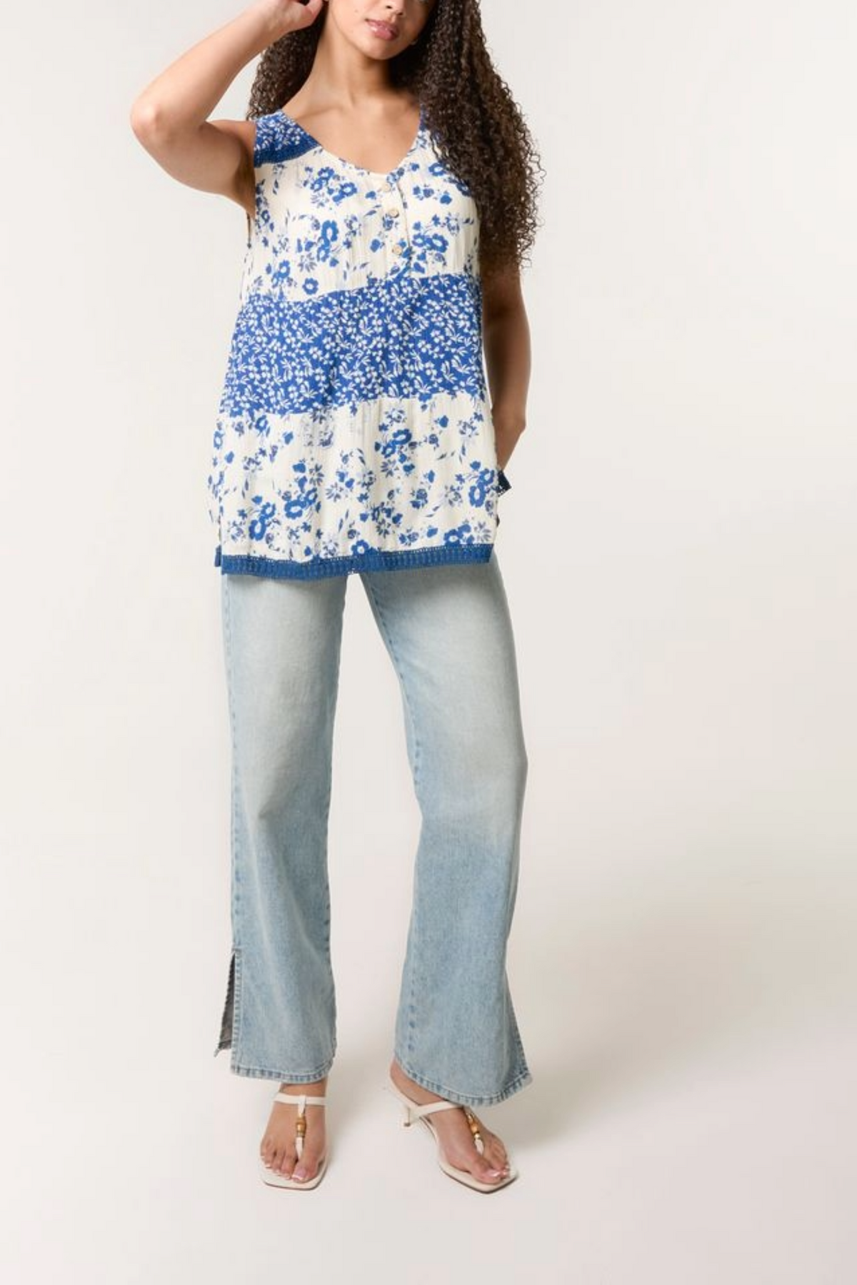 Mixed Ditsy Floral Print Button Top