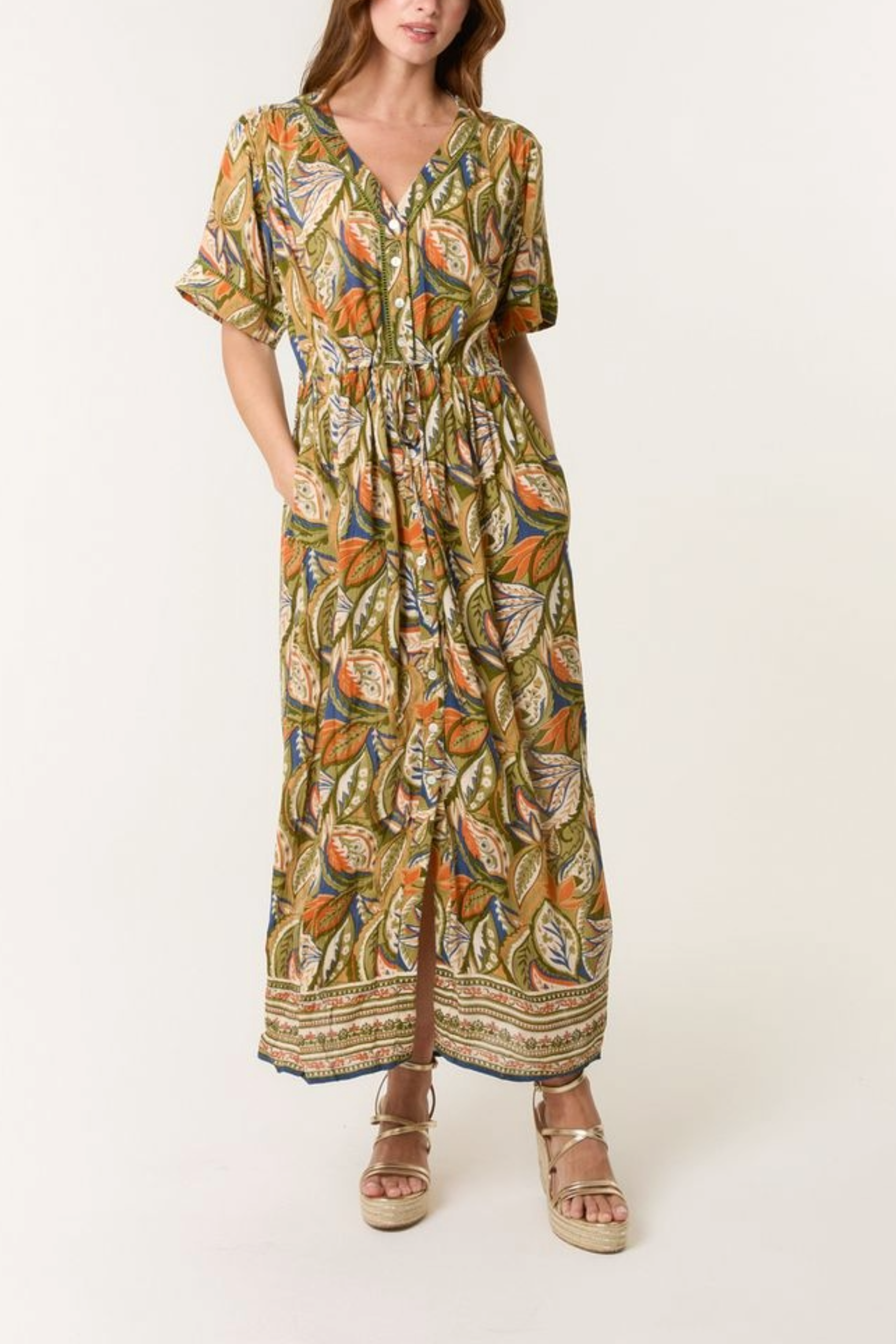 Leaf Border Print Button Dress