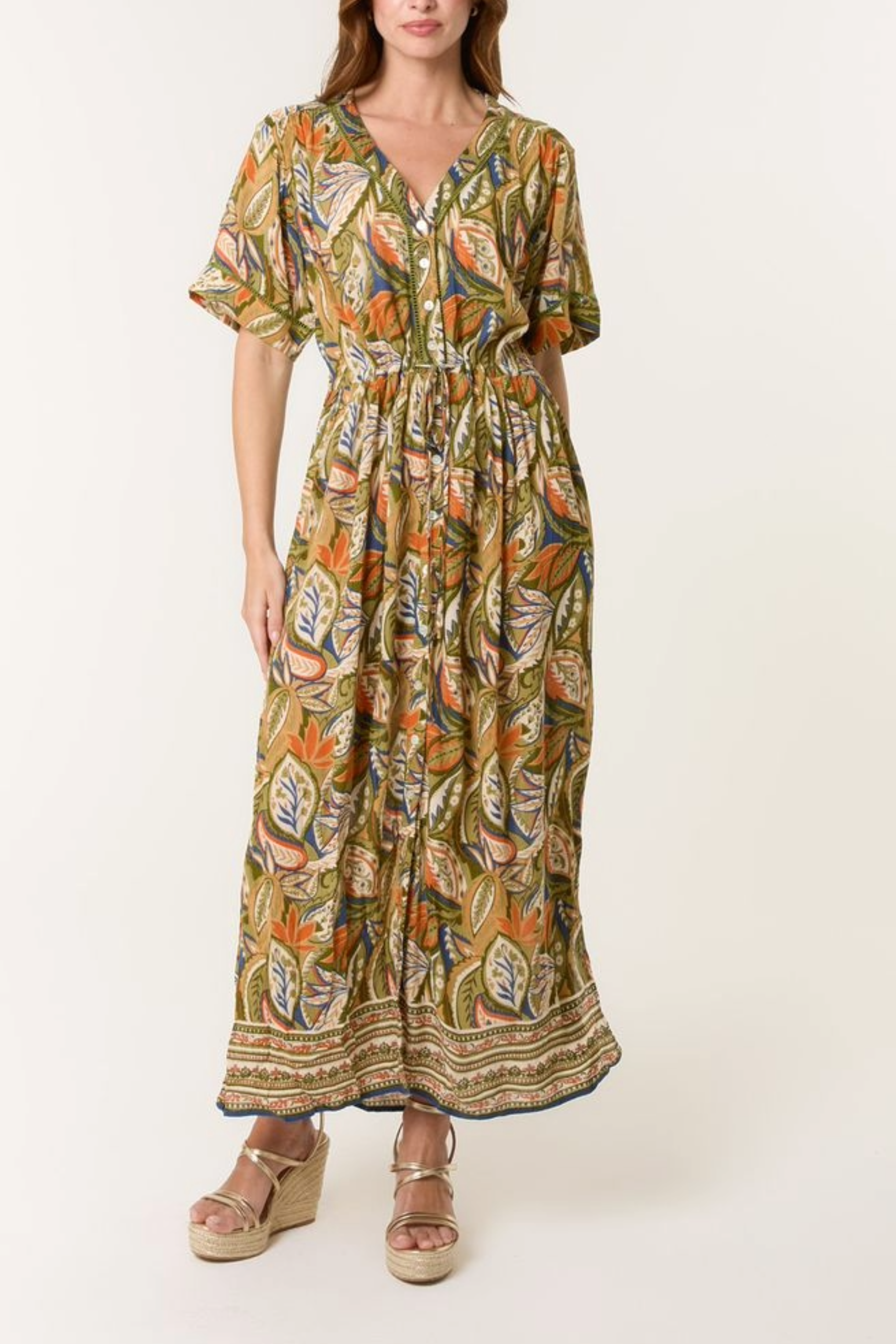 Leaf Border Print Button Dress