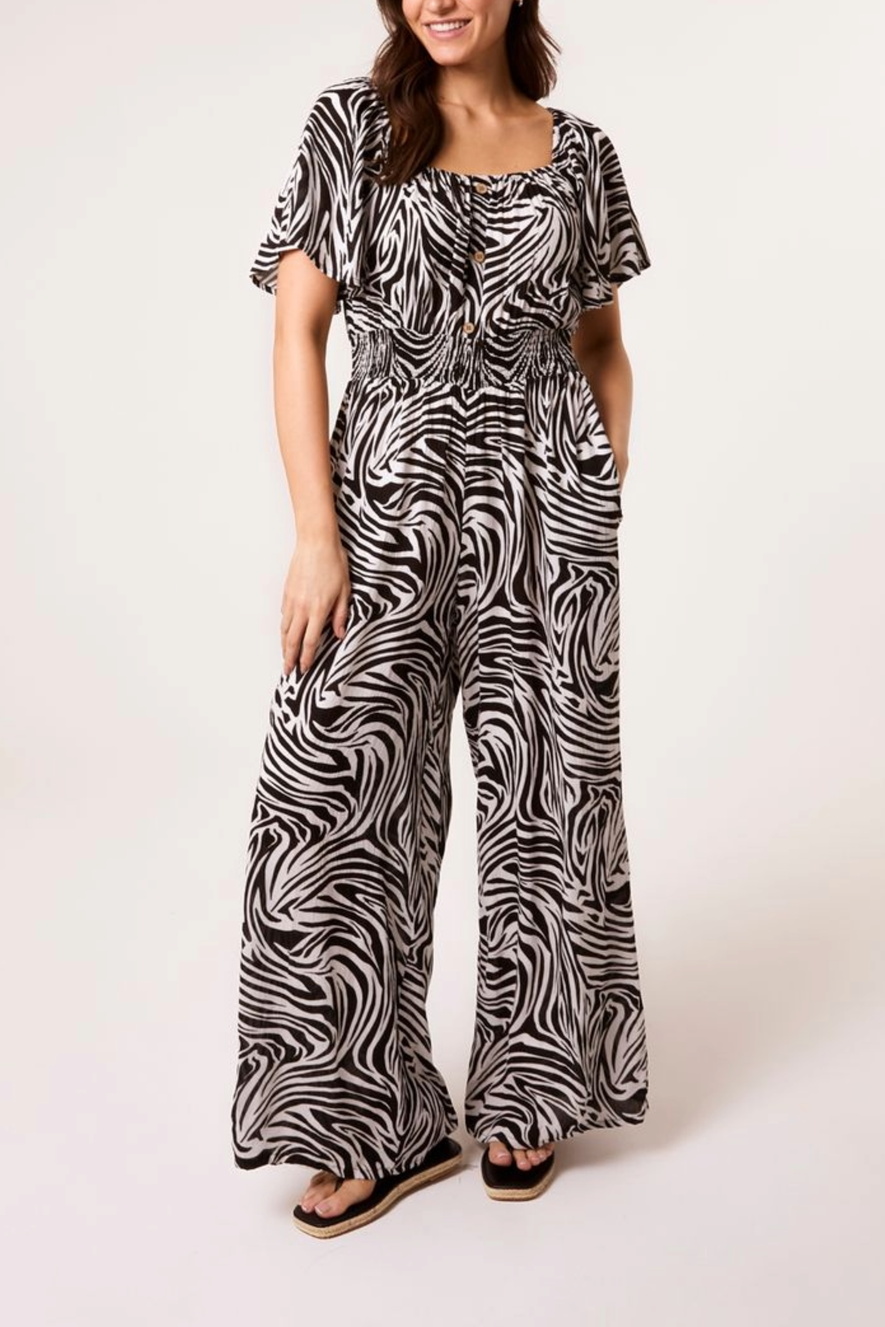 Zebra Print Shirred Waist Jumpsuit