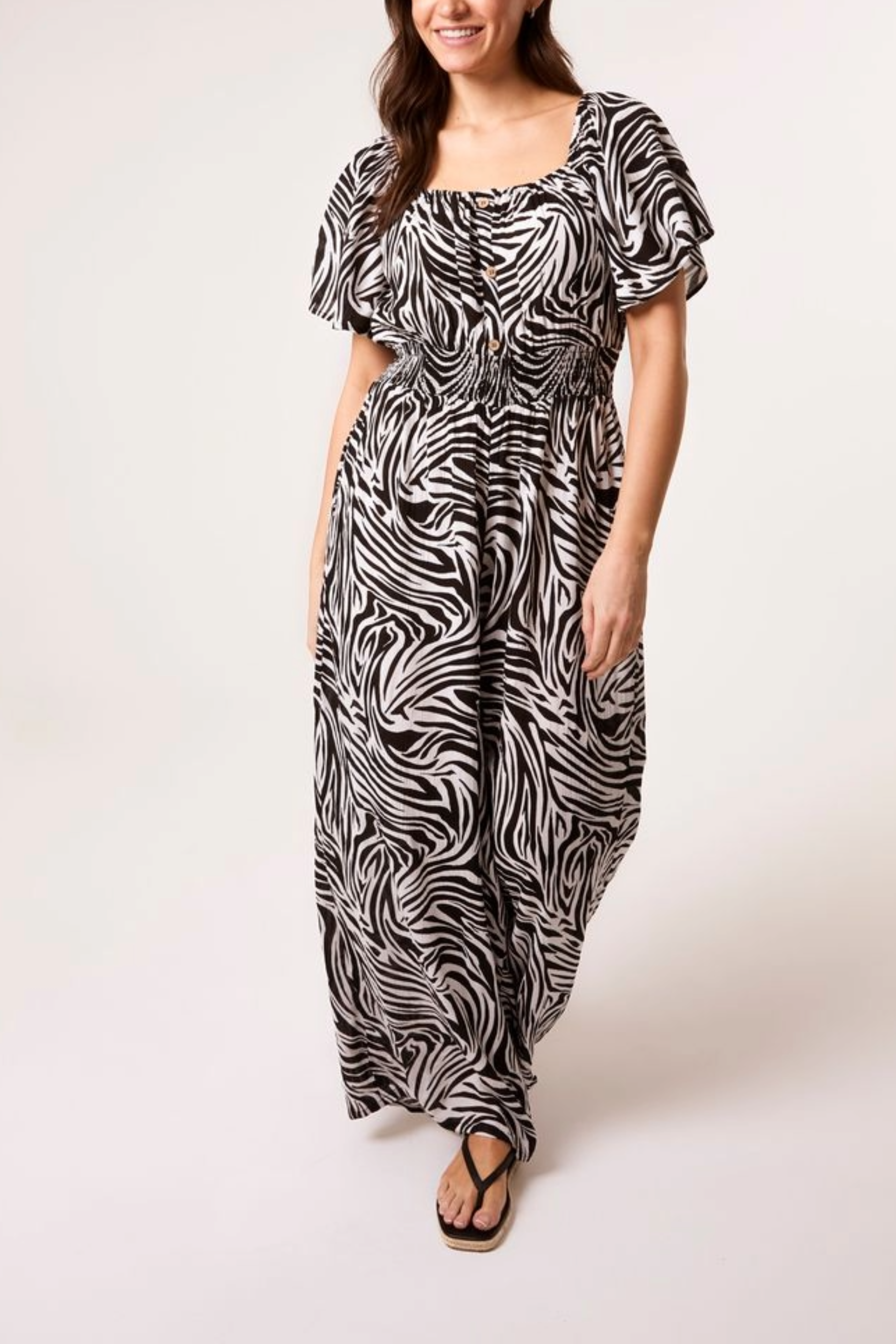 Zebra Print Shirred Waist Jumpsuit
