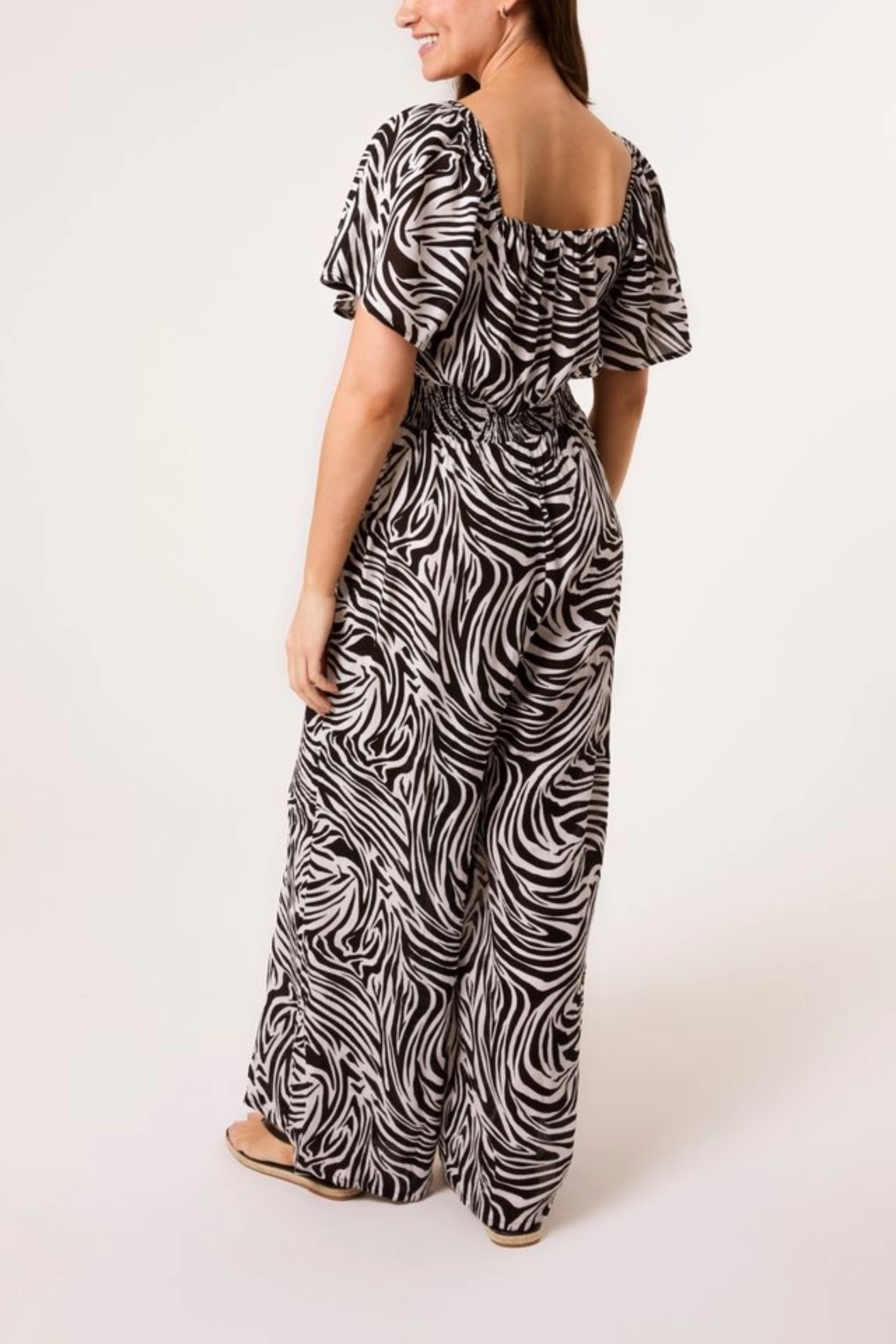 Zebra Print Shirred Waist Jumpsuit