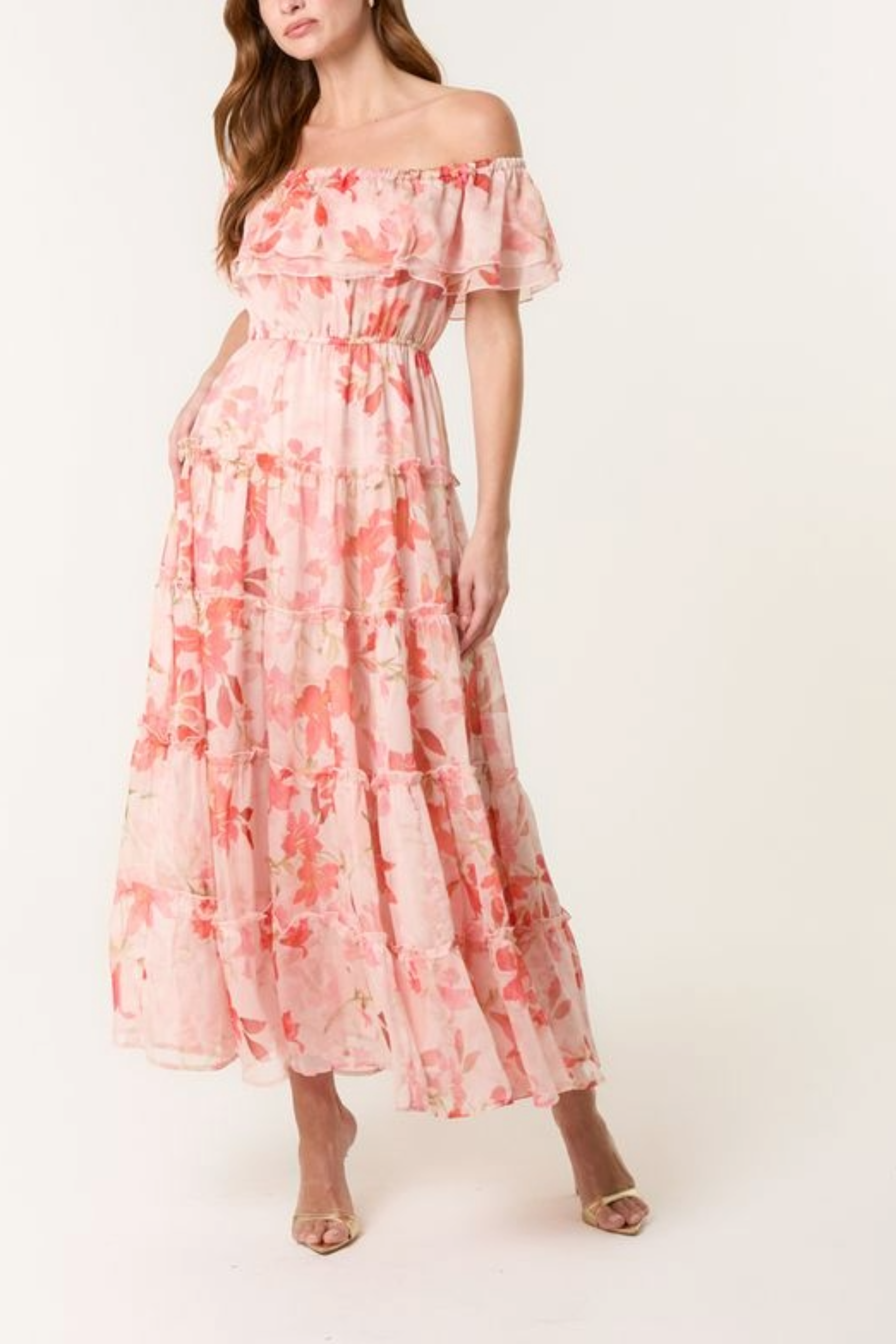 Floral Bardot Frill Maxi Dress