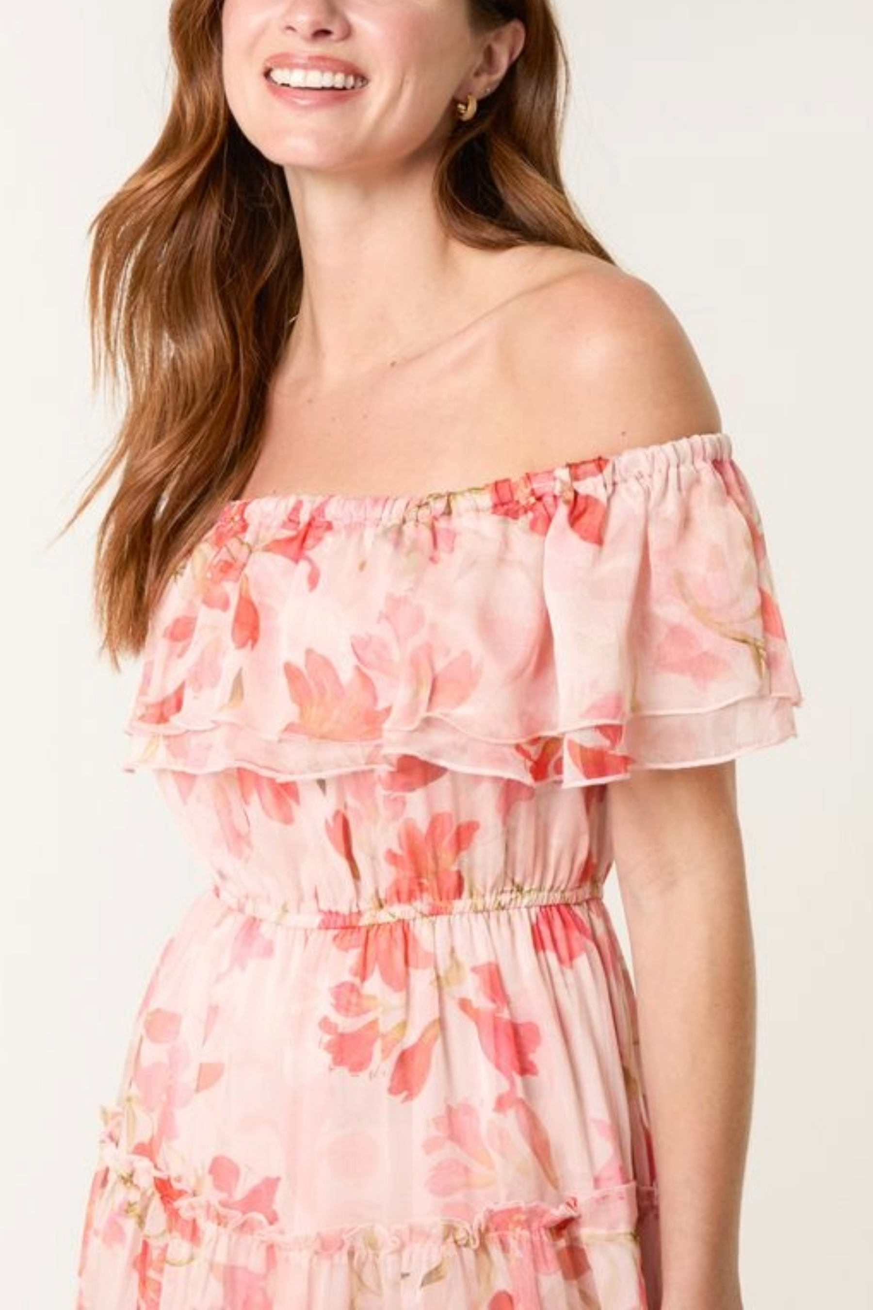 Floral Bardot Frill Maxi Dress