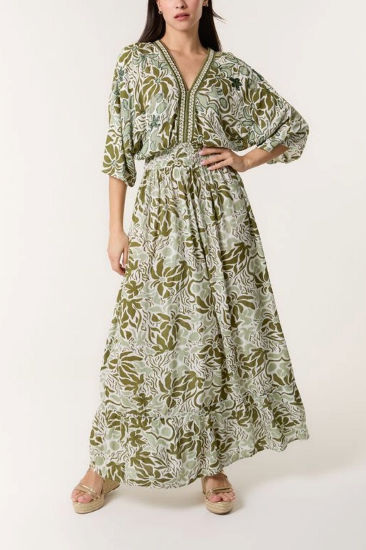 Leaf Print V Front & Back Maxi Dress