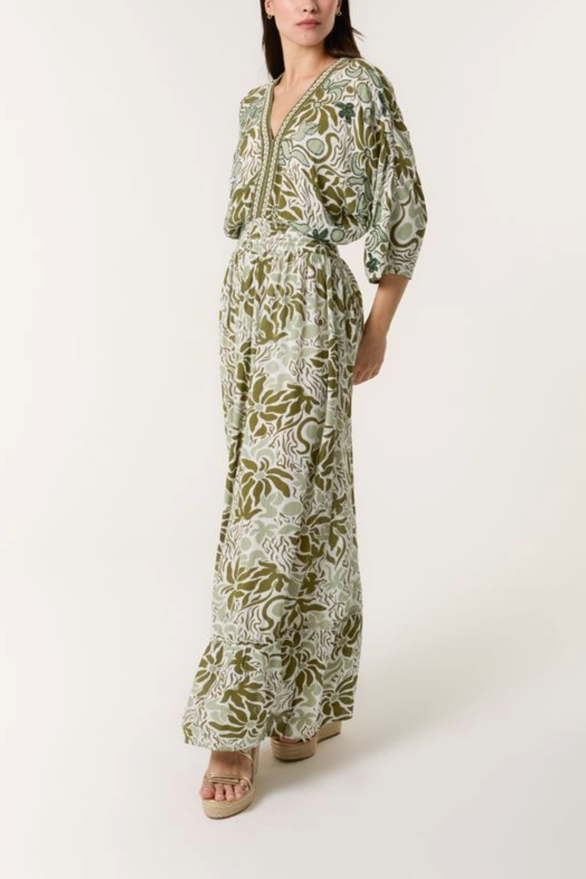 Leaf Print V Front & Back Maxi Dress