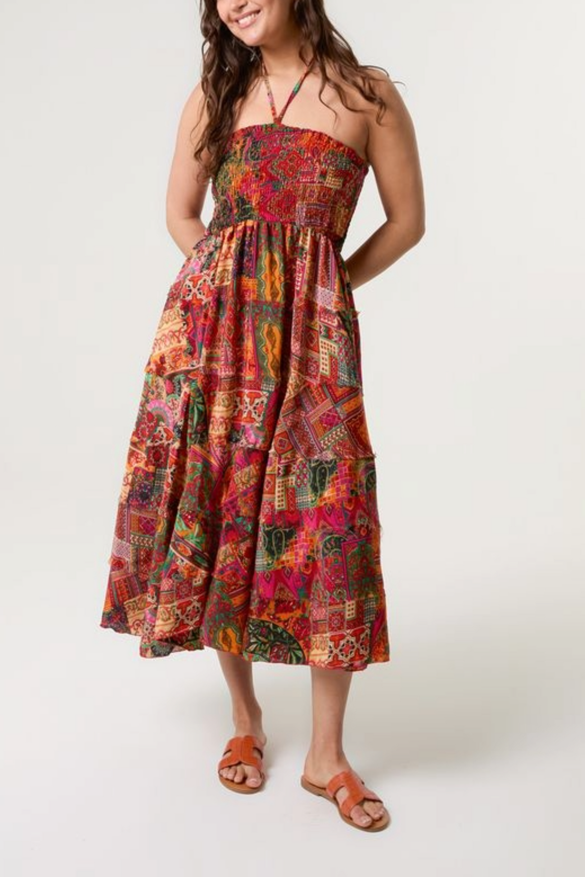 Mixed Print Artsilk Halterneck Dress