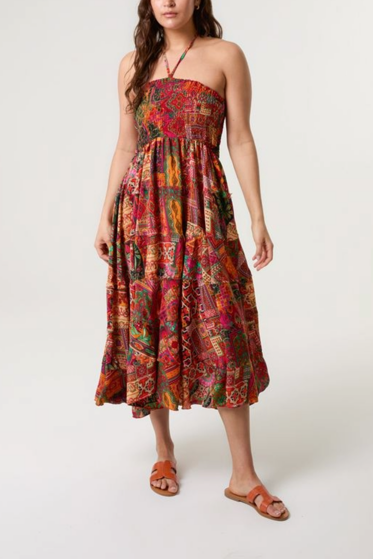 Mixed Print Artsilk Halterneck Dress