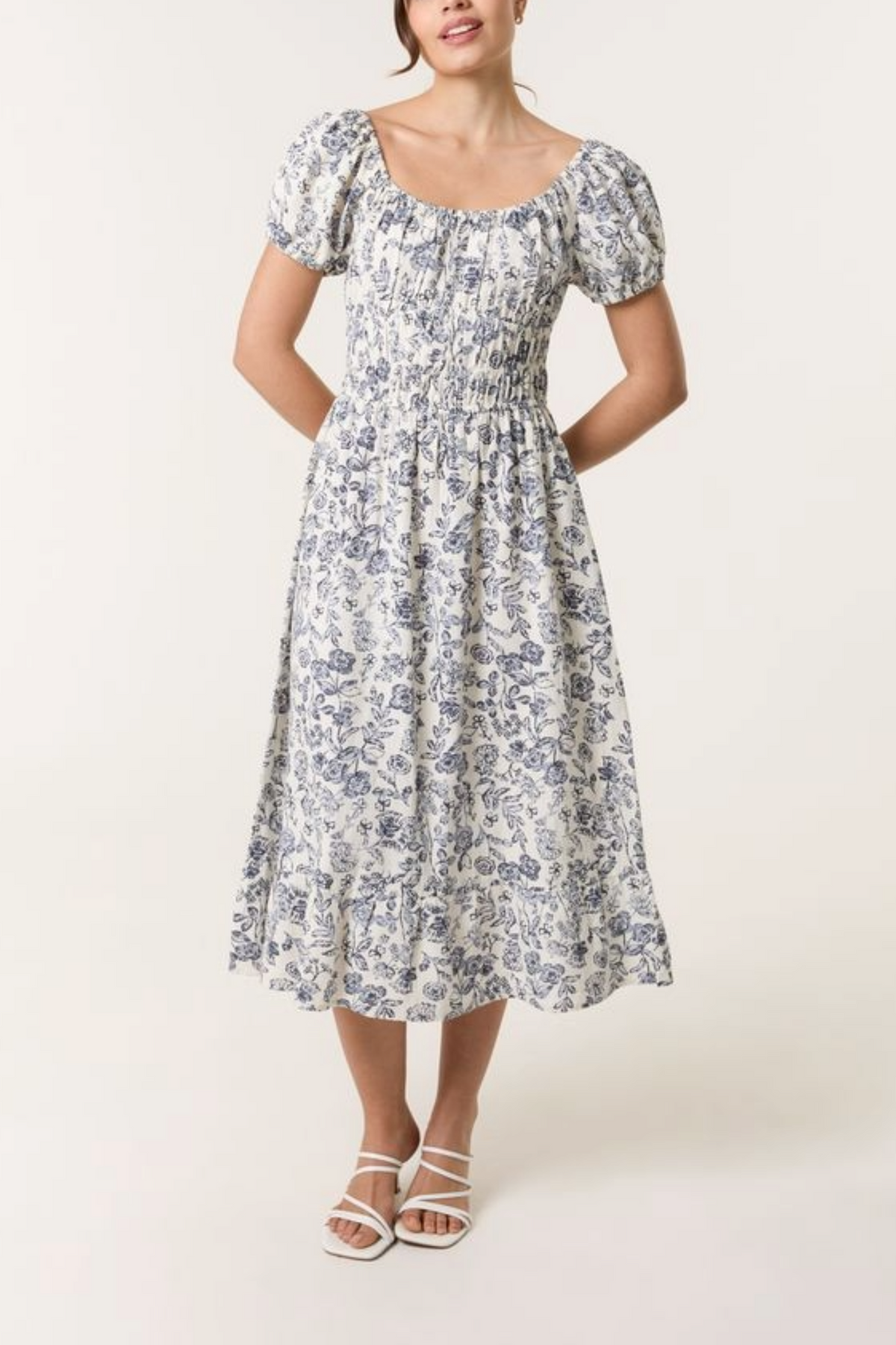 Vintage Floral Puff Sleeve Midi Dress