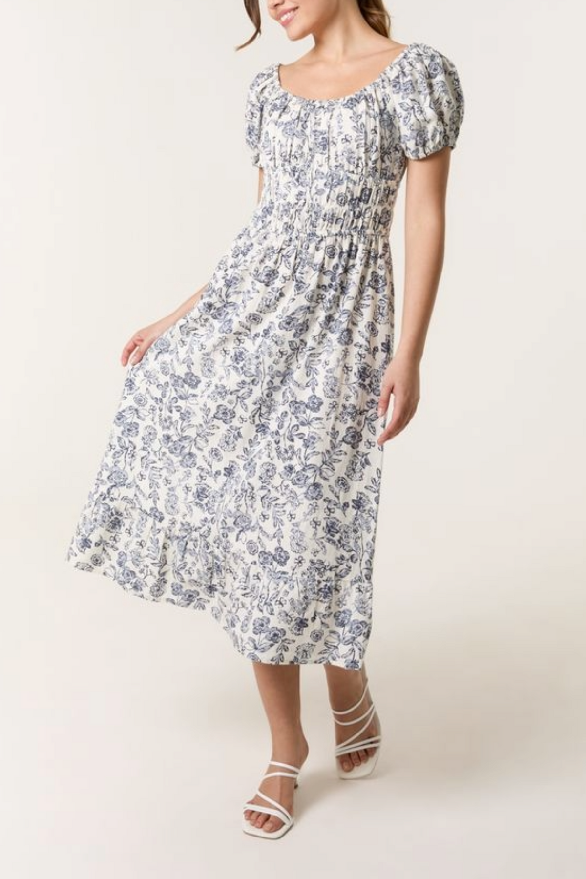 Vintage Floral Puff Sleeve Midi Dress