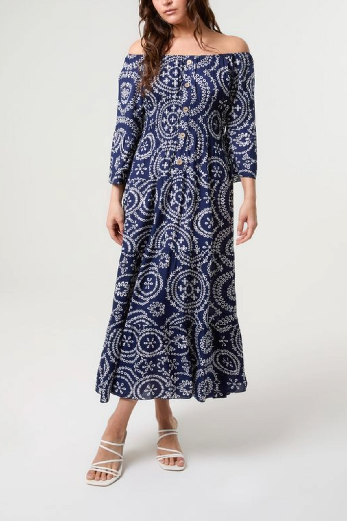 Curve Bardot Wreath Print Coconut Button Dress