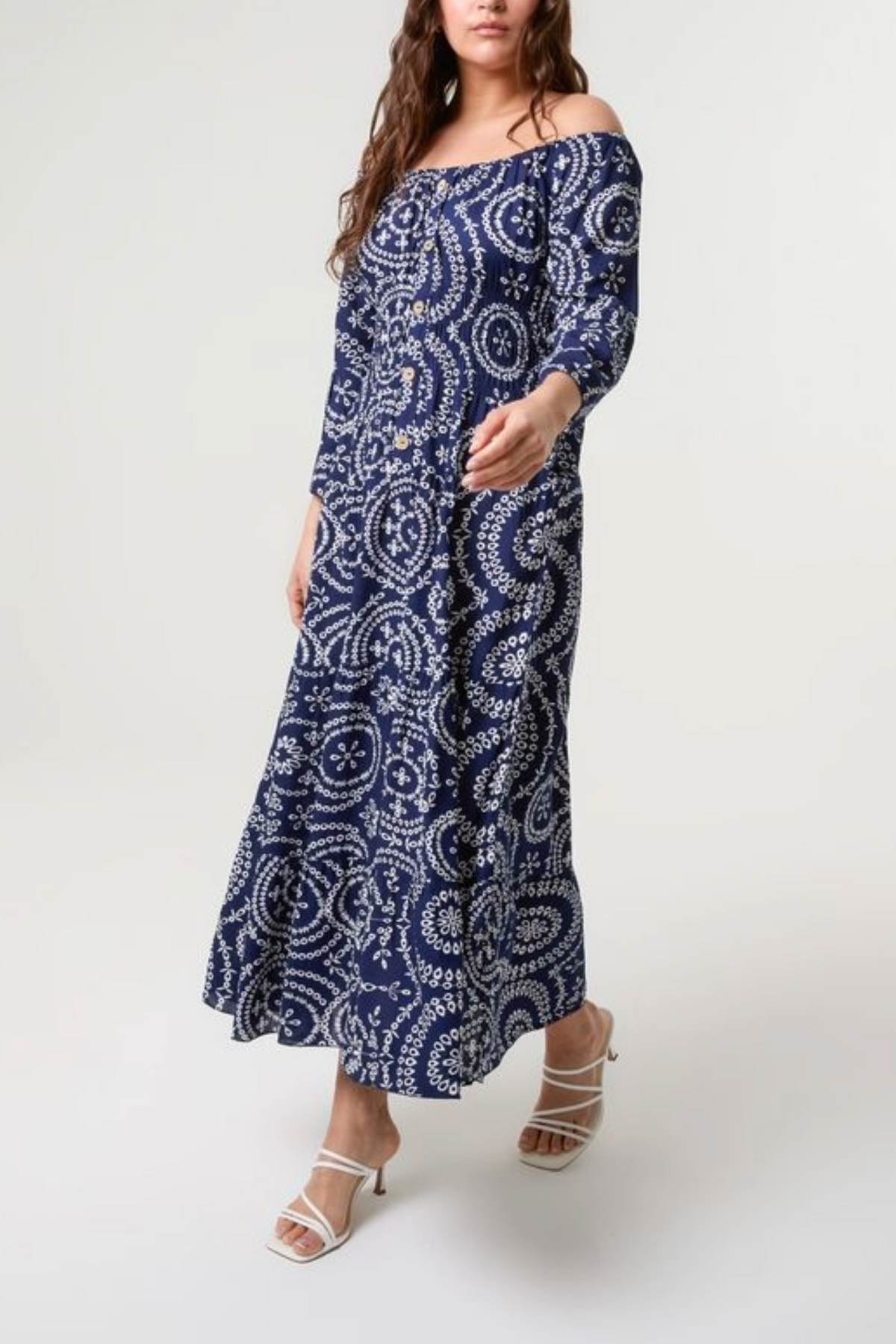 Curve Bardot Wreath Print Coconut Button Dress