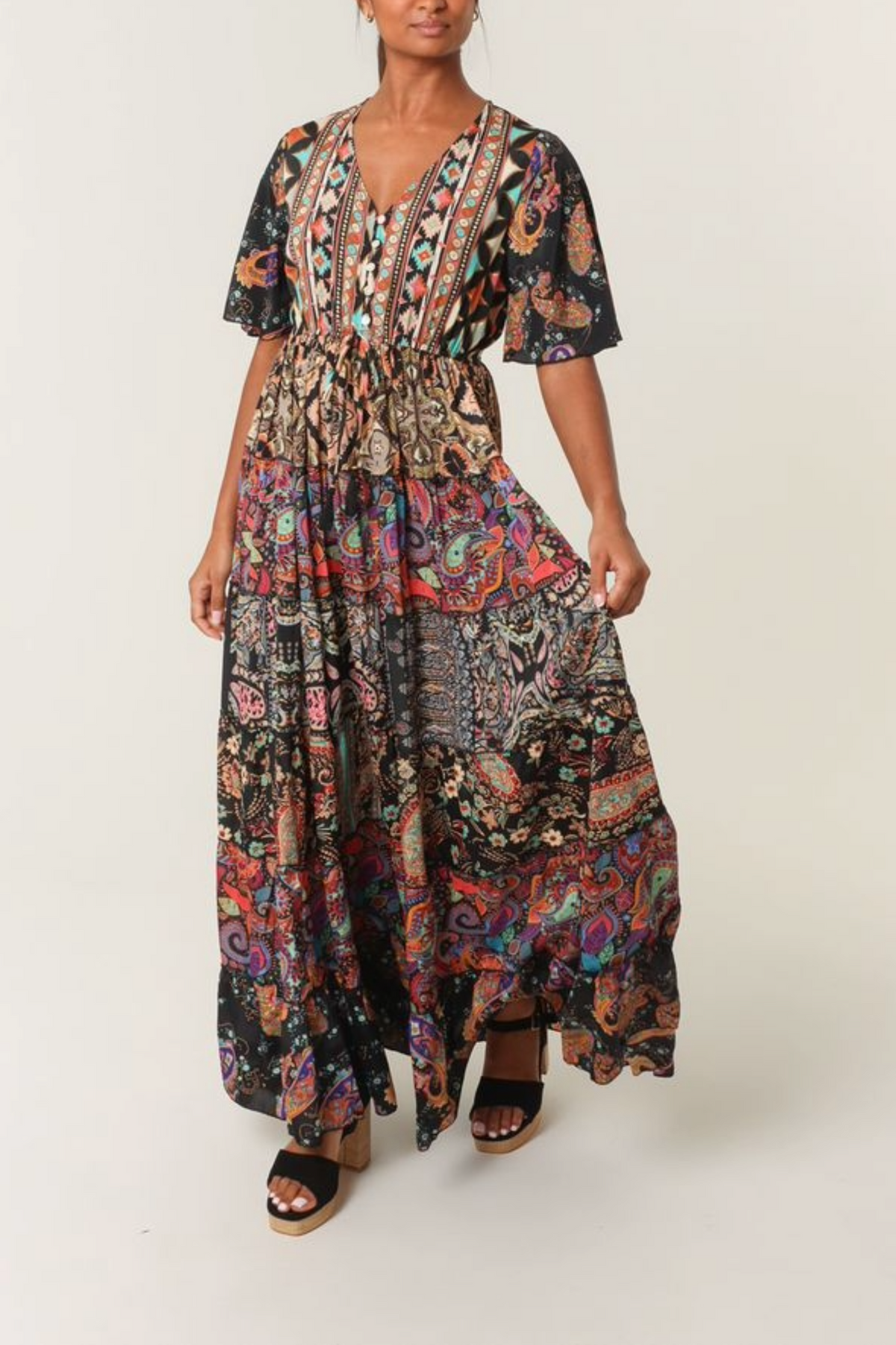 Multi Print Angel Sleeve Button Dress