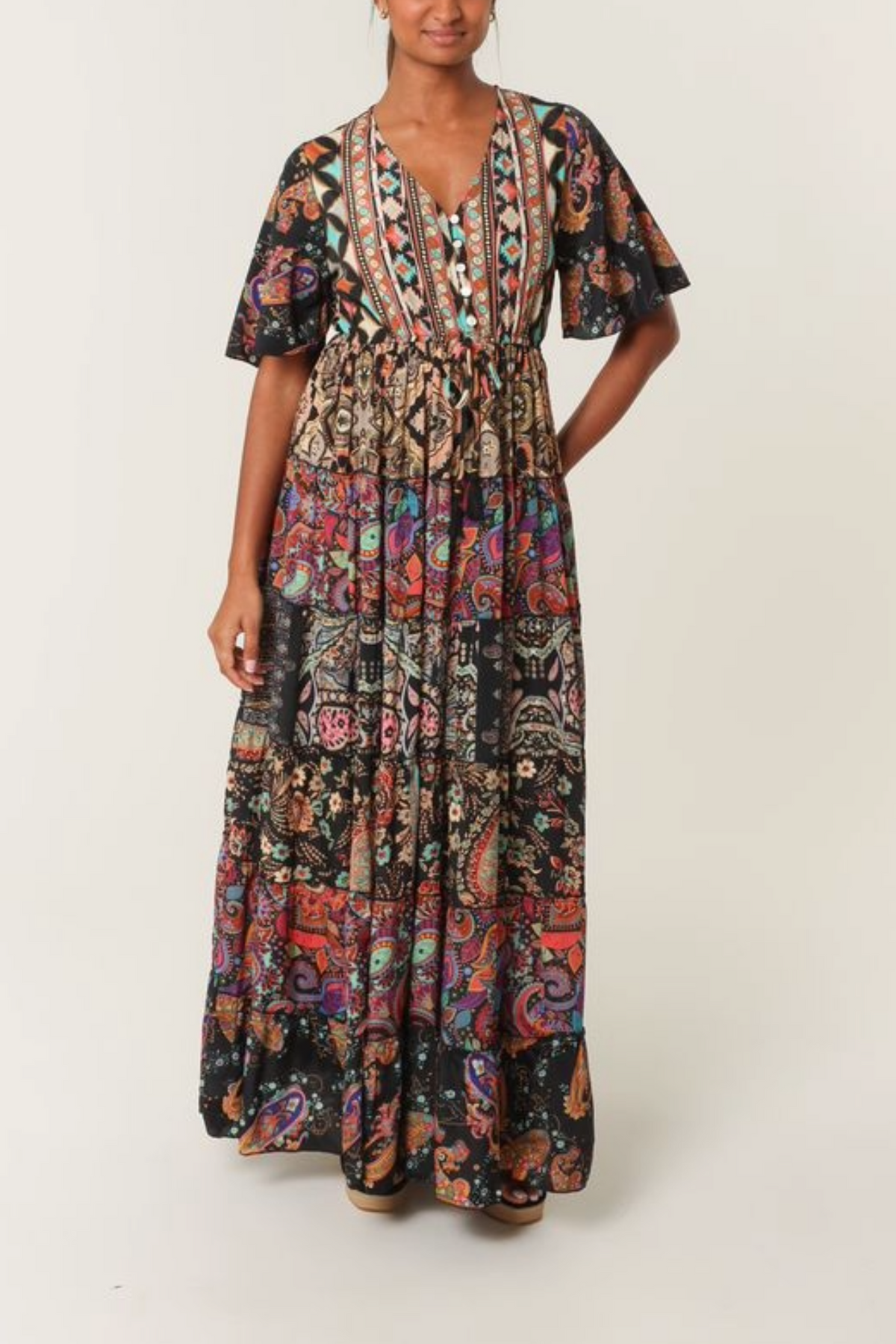 Multi Print Angel Sleeve Button Dress