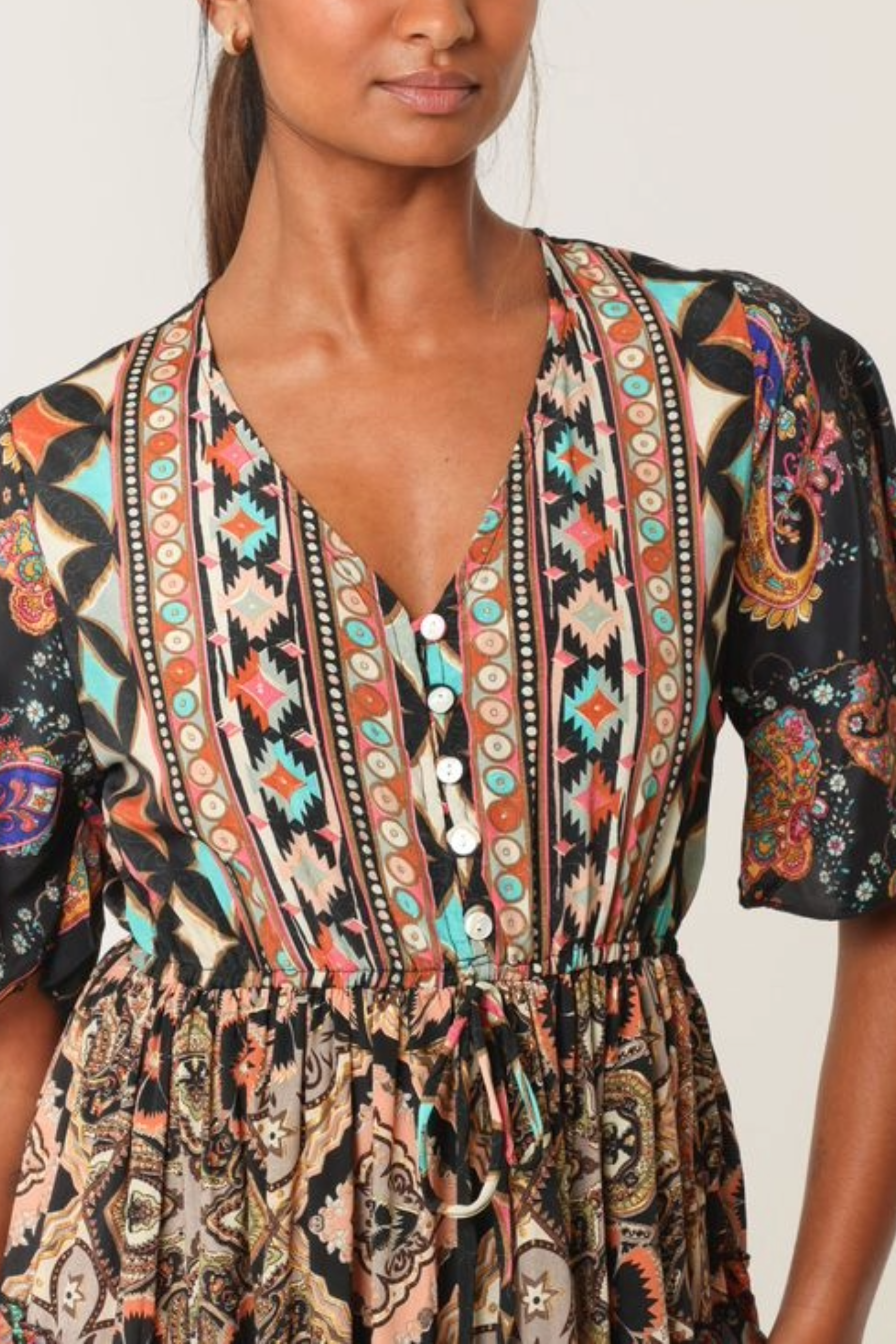 Multi Print Angel Sleeve Button Dress