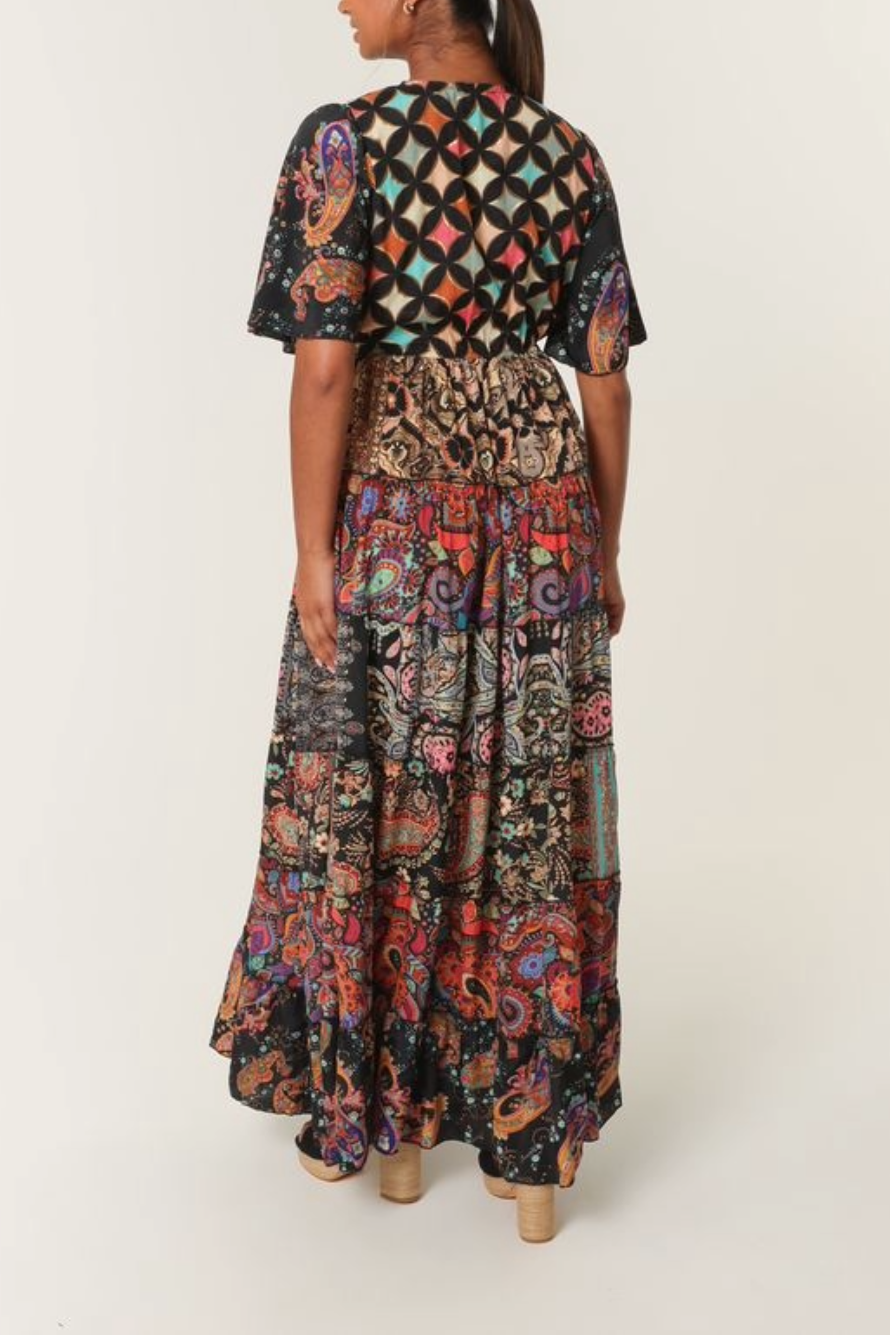 Multi Print Angel Sleeve Button Dress
