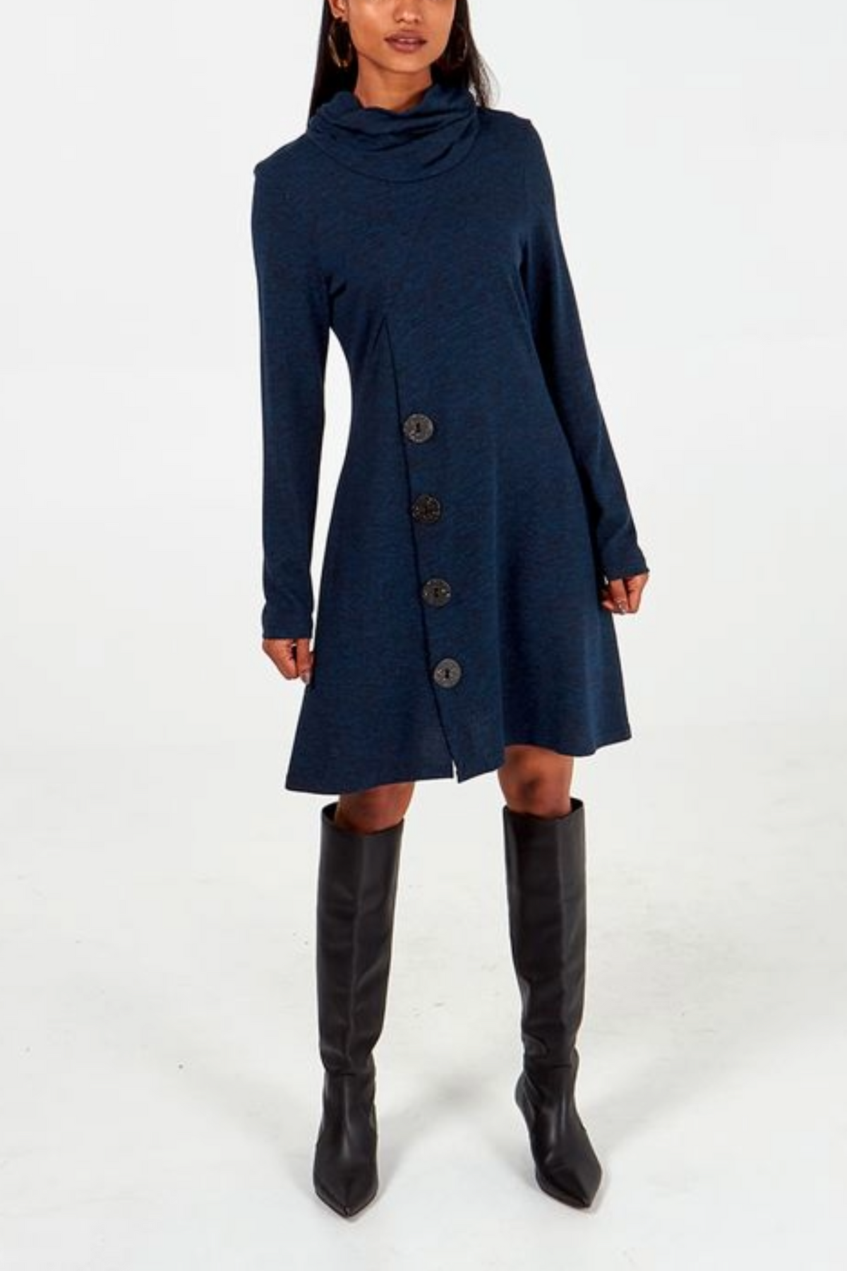 Roll Neck Button Detail Jumper Dress