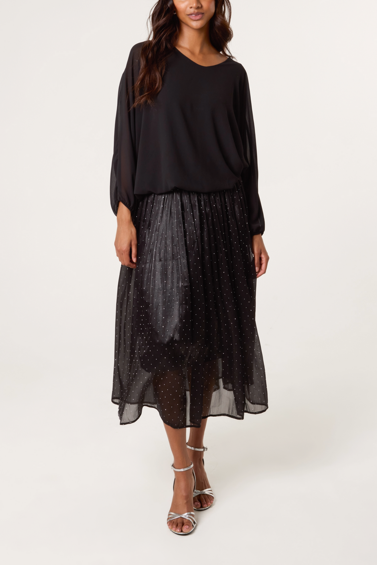 Diamante Embellished Shimmer Midi Skirt